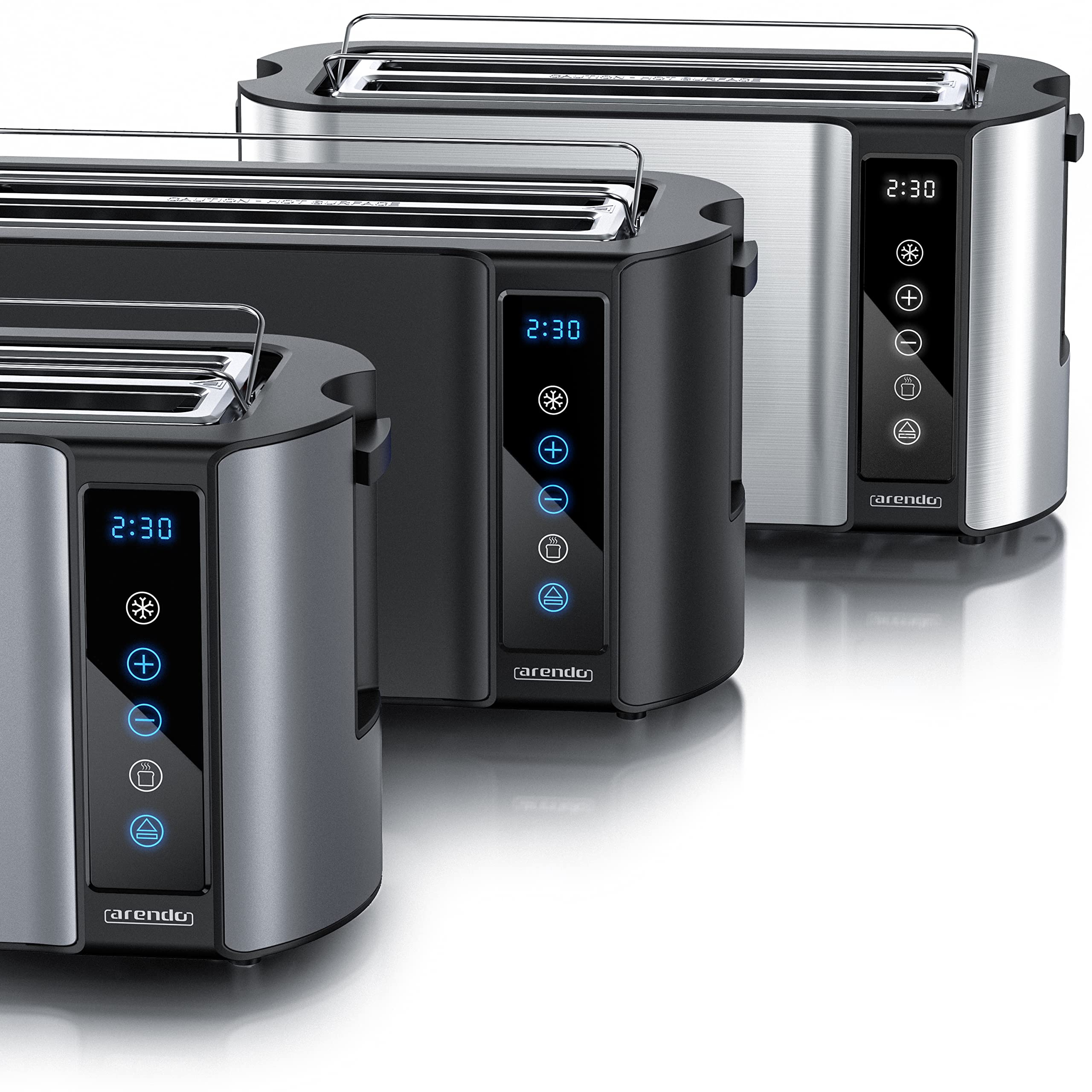 Arendo - Edelstahl Toaster Langschlitz 4 Scheiben- Touchscreen – Doppelwandgehäuse – 1500 W – Integrierter Brötchenaufsatz – 7 Bräunungsgrade – Brotzentrierung – Restzeitanzeige – Memoryfunktion