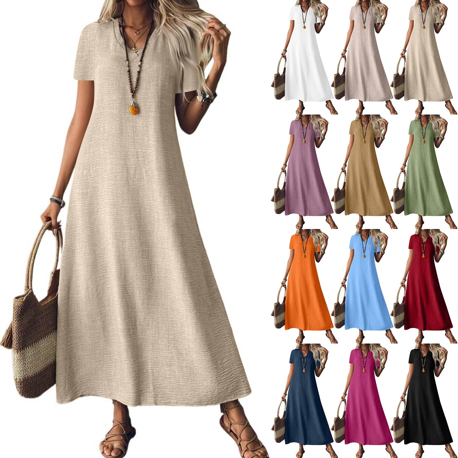 Rikbuig Linen Dress Women V Neck Short Sleeve Tunic Boho Maxi Dress Casual Summer Modest Long Flowy Beach Vacation Dresses