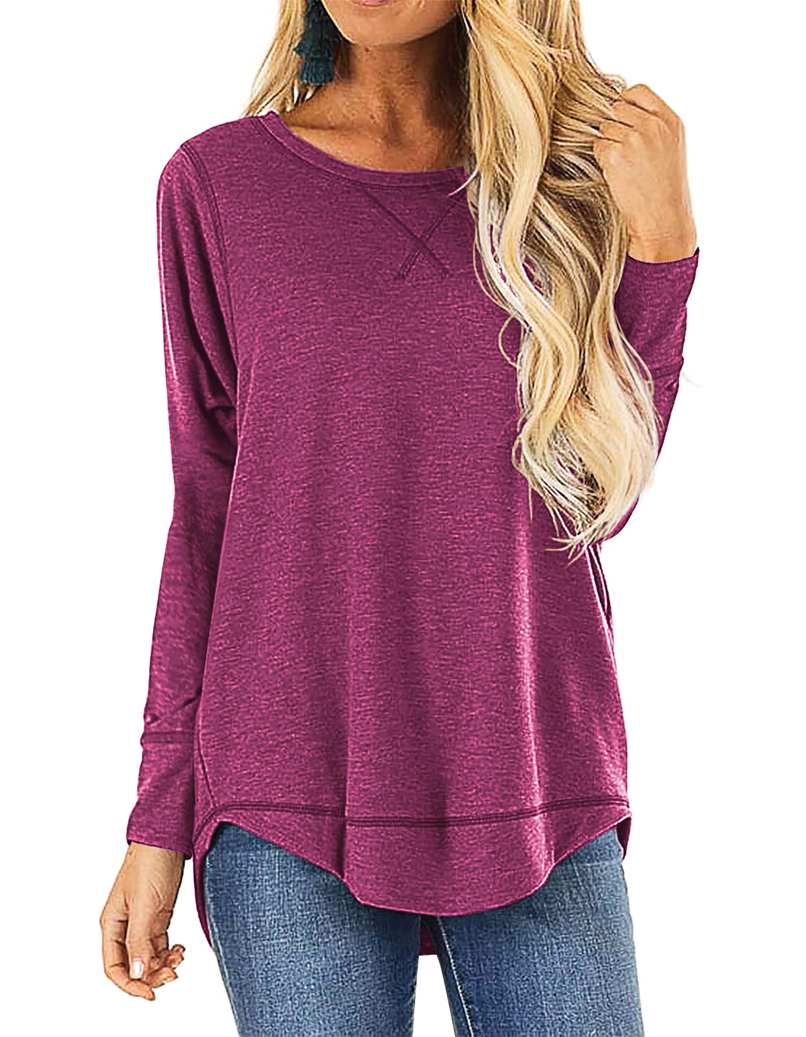 HIYIYEZI Fall Tops for Women Long Sleeve Side Split Casual Loose Tunic Top