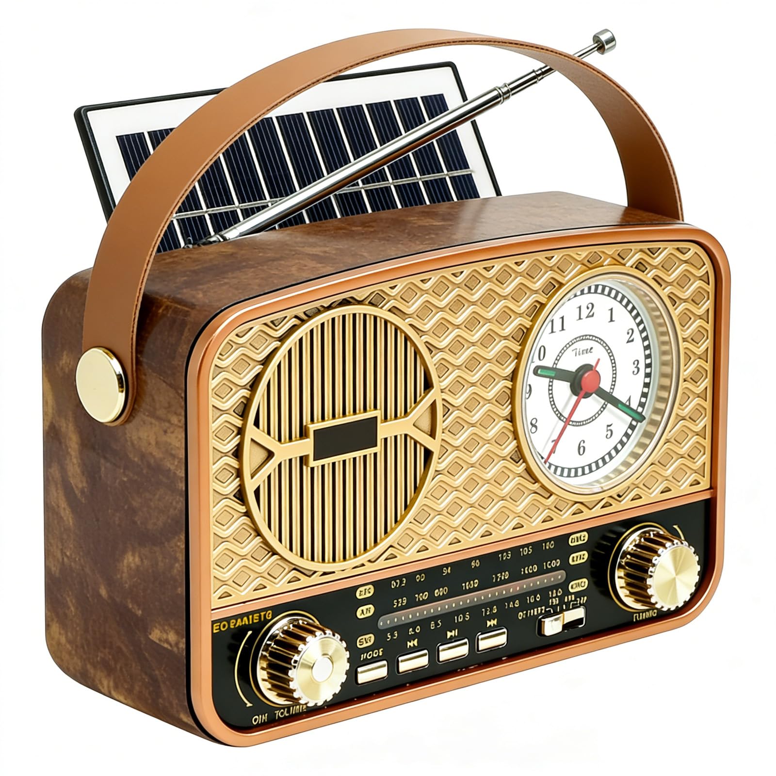 Radio retro AM/FM/SW Radio portátil pequeña, vintage, funciona con batería, radio solar con panel solar, radio de cocina con altavoz Bluetooth, compatible con función USB/TF, función de reloj