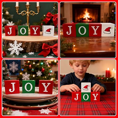 Miniatura 4 de 4 piezas de decoración de mesa de Navidad para interiores, bloques de madera, letreros rojos, verdes y blancos, centros de mesa de Navidad para el