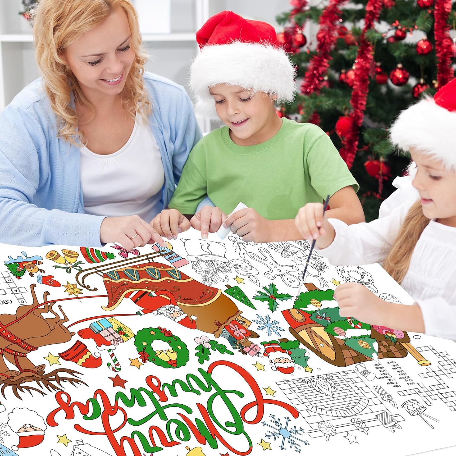 Leezead Christmas Giant Coloring Poster, 72 x 30 Inches Large Xmas Themed Coloring Poster&Table Cover Christmas Activity Drawing Paper Tablecloth for Home Classroom Xmas Party Supplies