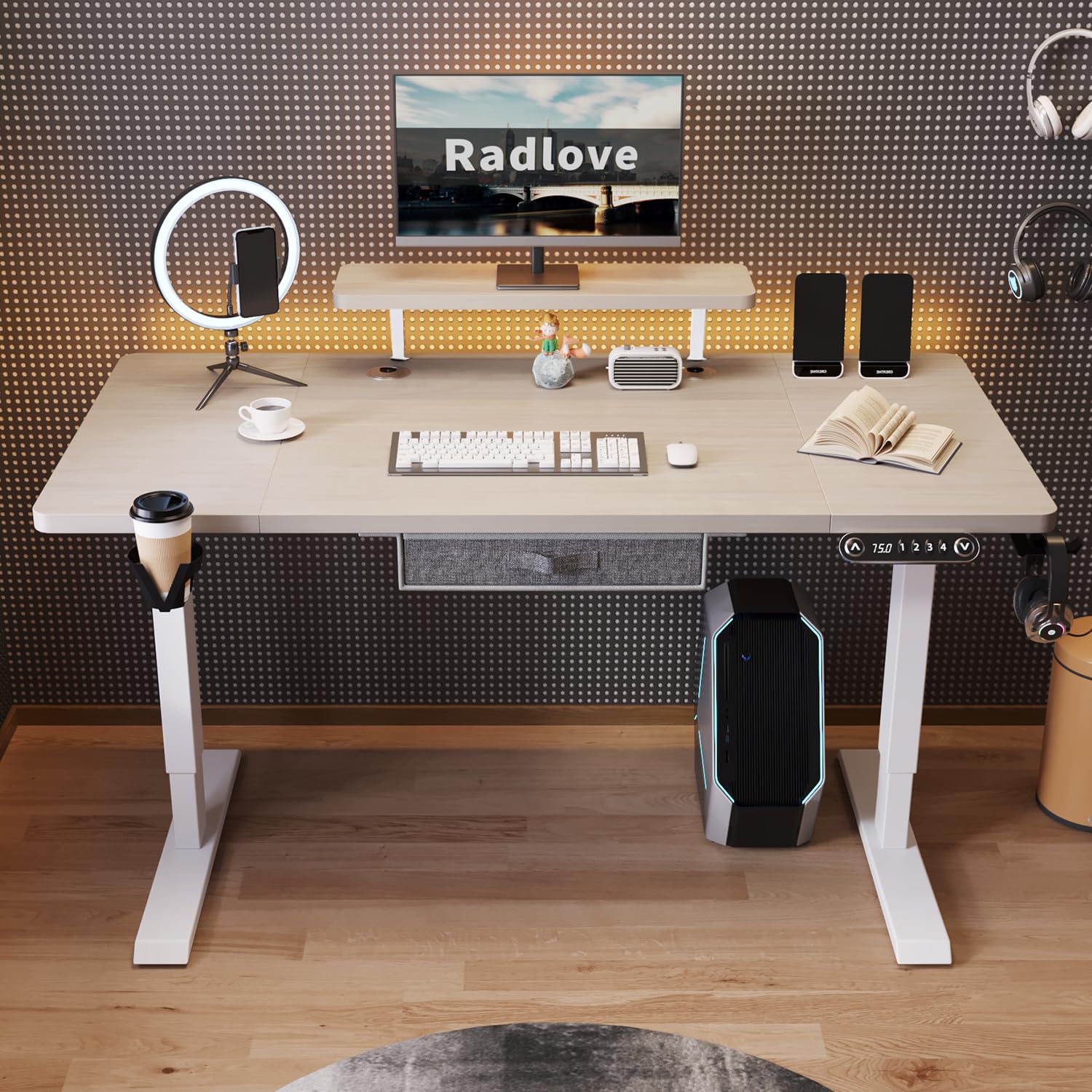 Radlove Scrivania elettrica regolabile in altezza, con 4 controlli in memoria e tecnologia anti-collisione (rovere+ripiano per monitor, 76 x 140 cm)