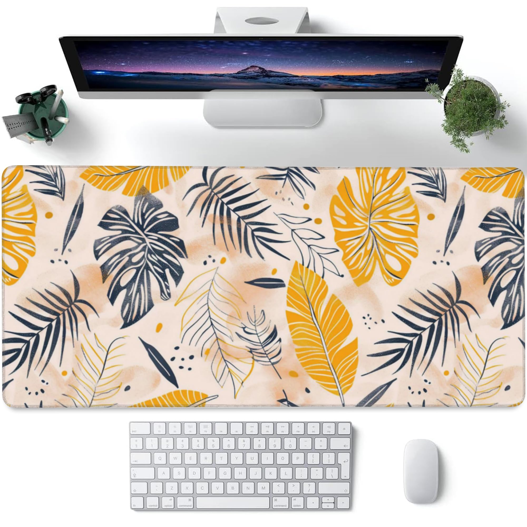 Desk Mat, Boho Palm Leaves Large Gaming Mouse Pad for Desk XXL,Boho Tropical Leaves Desk Pad,Extended Big Computer Keyboard Mouse Pad with Non-Slip Base and Stitched Edge 35.4"x15.7"