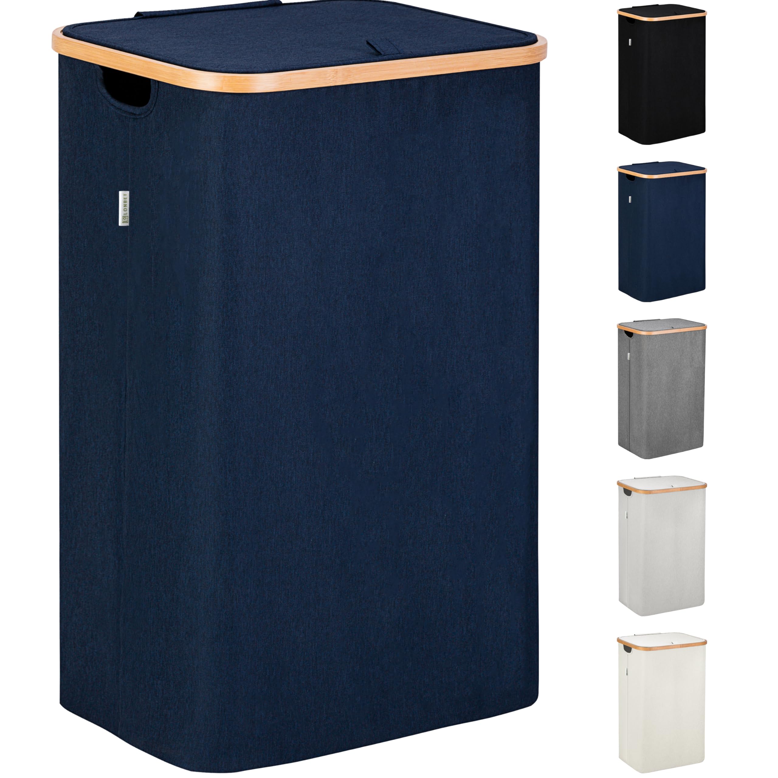 LONBET Laundry Basket with Lid, Made from Breathable Fabric | Aesthetic Clothes Hampers for Laundry with Side Handles &amp; Sturdy Bamboo Frame (26 Gallons - Single, Blue)