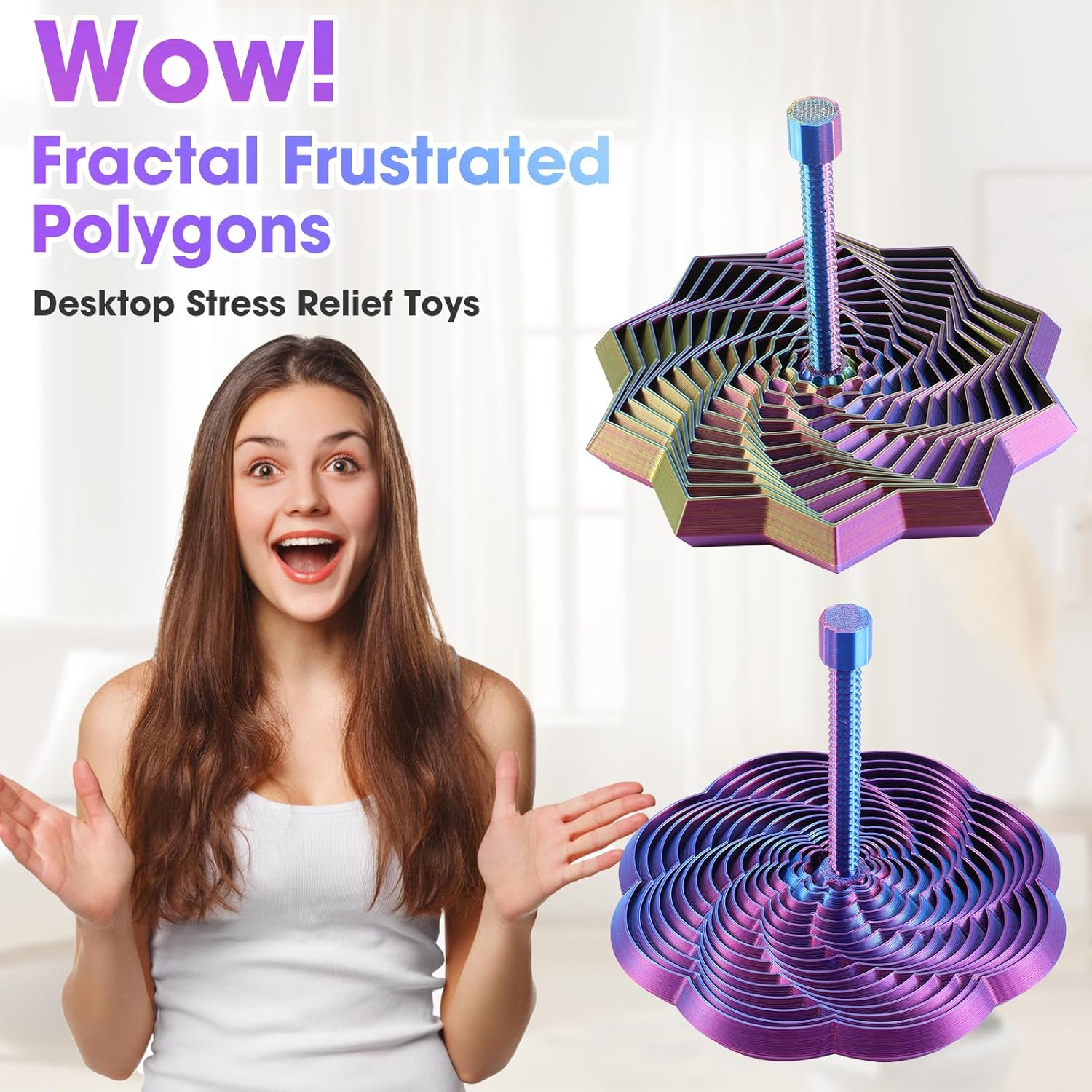 Upgraded 3D Printed Star Fidget Toy Adults with Detachable Handle, Dual Motion Sensory Toy with Auditory Feedback, Color-Changing Spiral for Relief and Focus, Gift for ADHD and Office Desk (2pack)