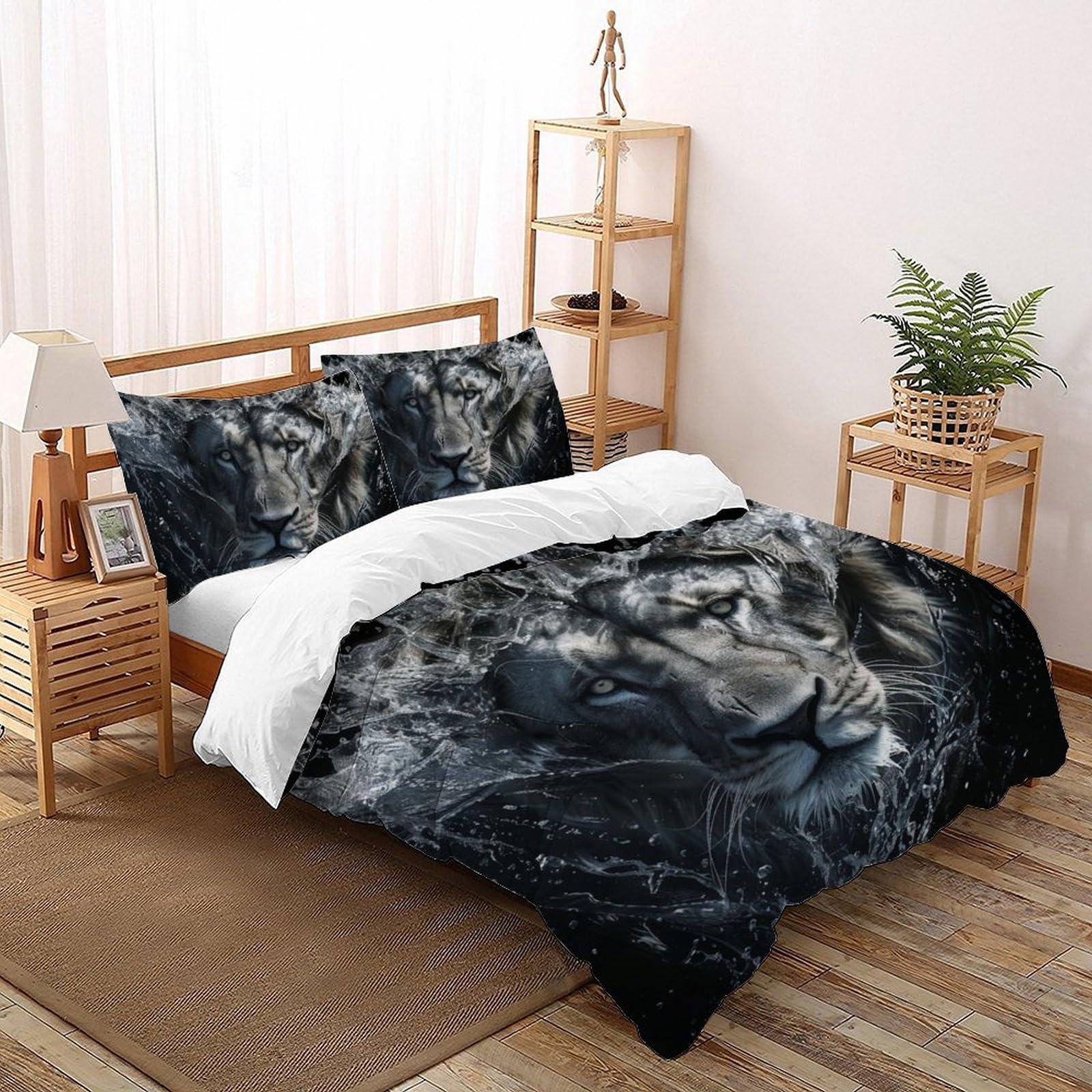 Housse de couette lion linge de lit 2 personnes 200x200cm parure microfibre imprimée