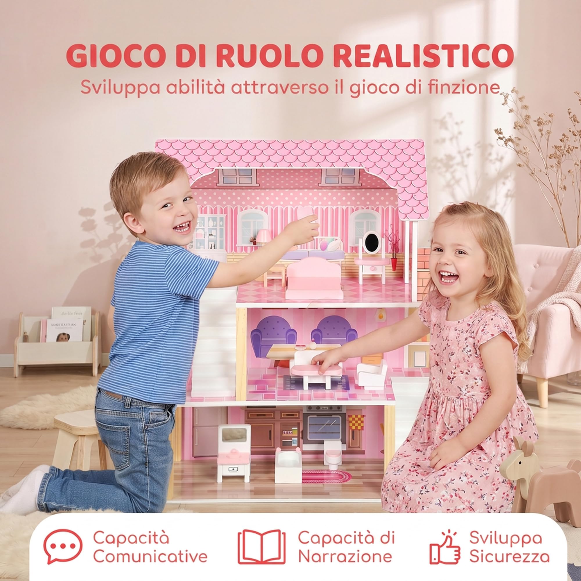 AIYAPLAY Casa delle Bambole in Legno per Bambini, 3 Piani, 10 Mobili, Rosa