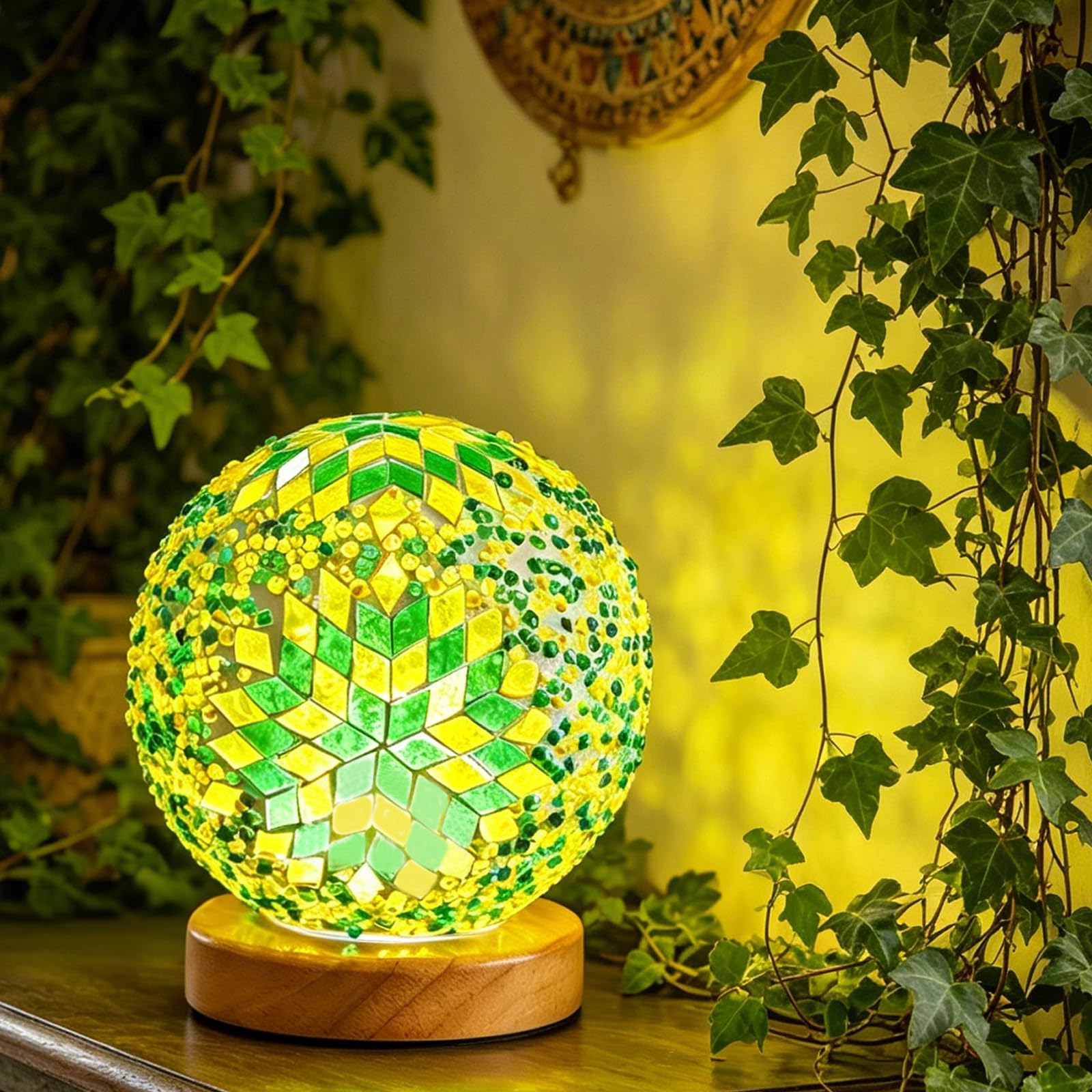 Turkish Table lamp (D:4.7" x H:5.2"),Mosaic Glass Lamps with Wooden Base, Bohemian Tiffany Bedside Lamps, USB Power Moroccan Lantern for Living Room Halloween Decorations (Boho-Green, Boho)