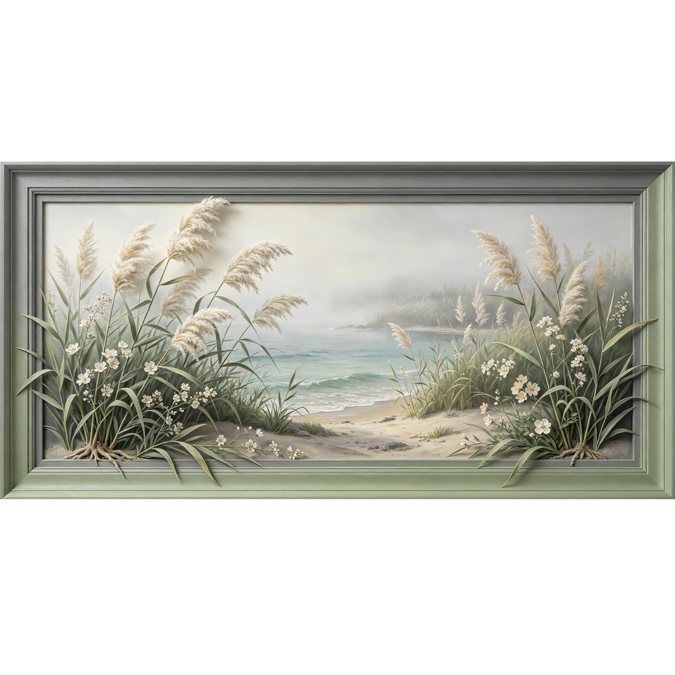 Agglomerix 3D Framed Wall Art Coastal Landscape Botanical Shoreline Reeds Sand Waves Relief Effect Large Size SelfAdhesive Removable Wall Decor Prints Artwork for Living Room Bedroom Office