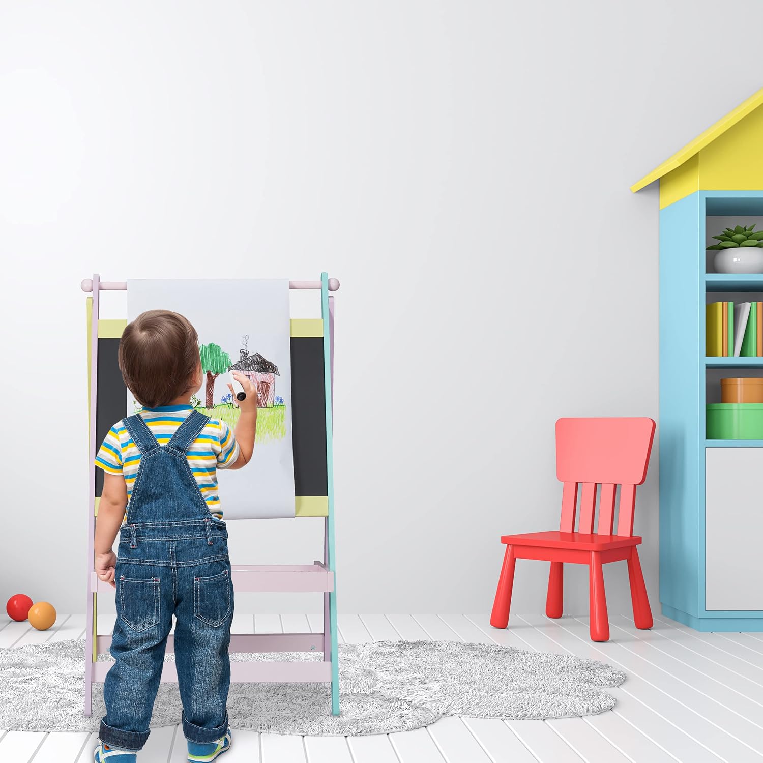 Relaxdays Children's Board, 2 in 1 with Paper Roll for Painting Drawing Writing Board with Chalk for Kids Freestanding, Dimensions: 90 x 56 x 42 cm, Colorful