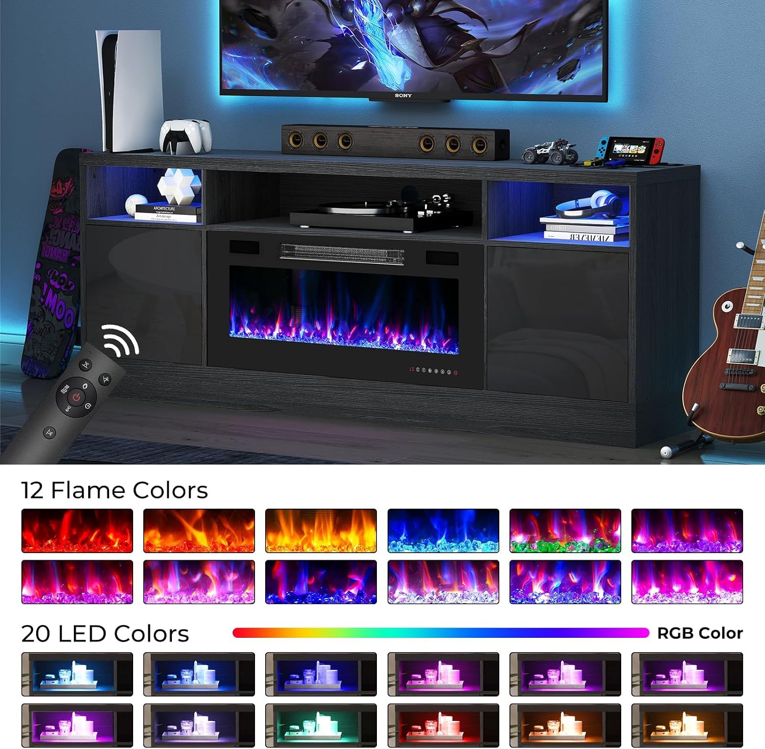 70" Fireplace TV Stand for TVs Up to 80", LED Light Media Console with 36" Electric Heater, Storage Cabinet, Black Entertainment Center for Living Room