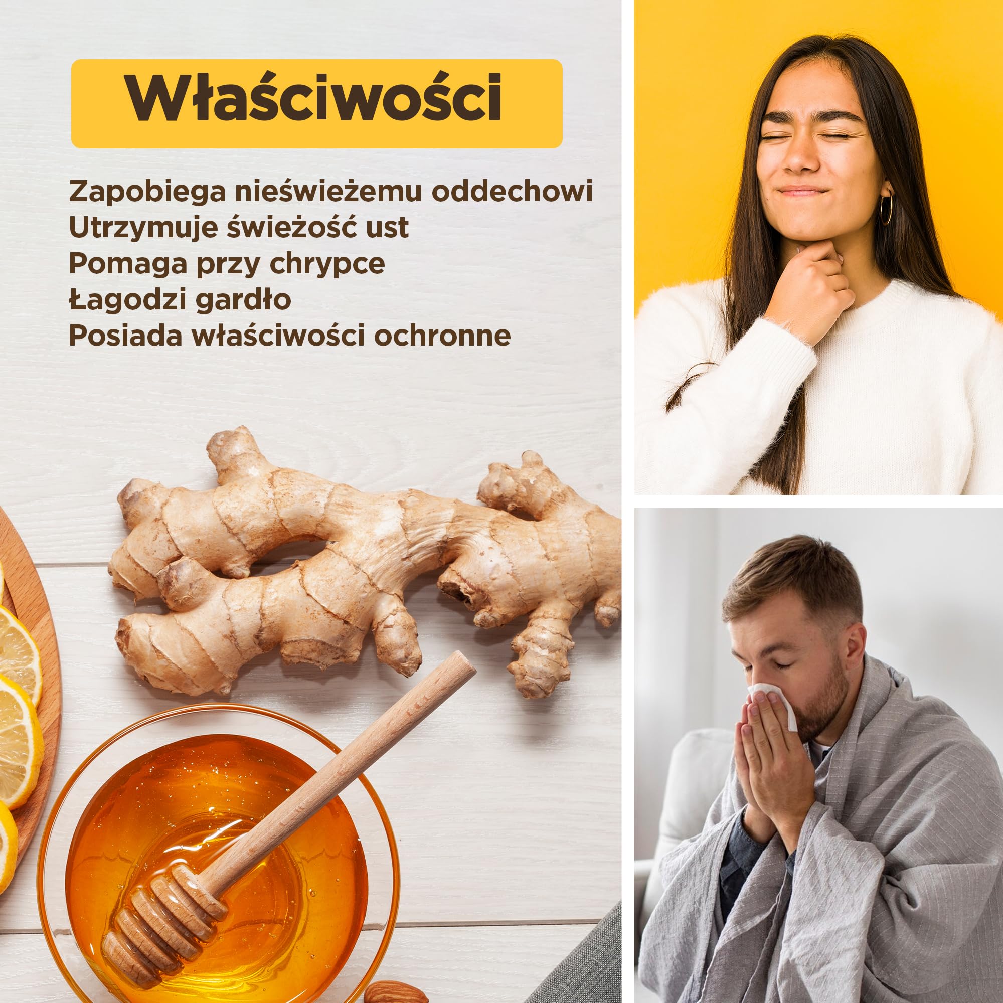 Cukierki Miodowo-Imbirowe x 500g - Bezglutenowe i Bezcukrowe. Hiszpańskie i ręcznej produkcji cukierki na gardło. Zalecany dla osób z nieświeżym oddechem lub nieprzyjemnym zapachem z ust i gardła.