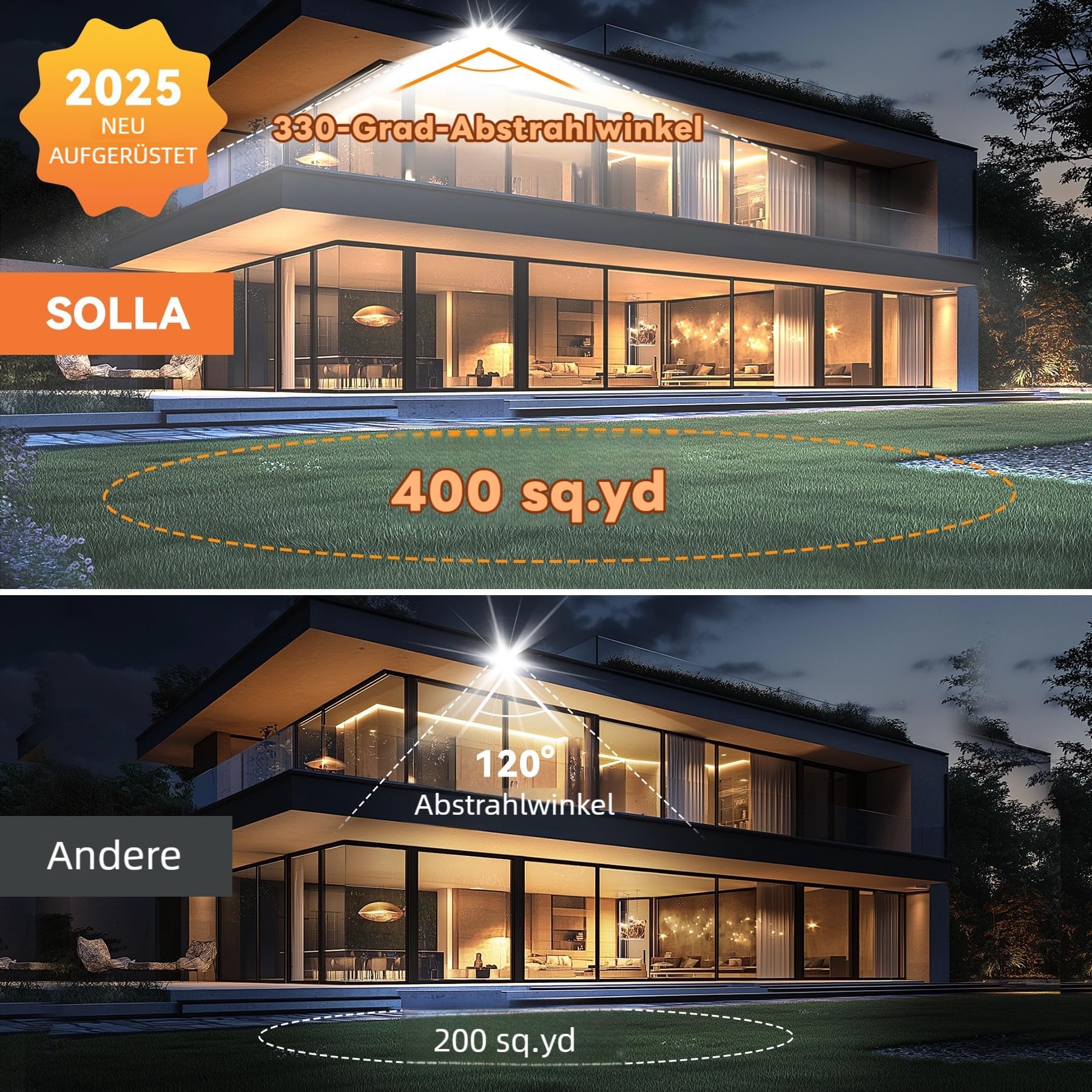 SOLLA 300W LED-Flutlicht für den Außenbereich, Ultra Bright 30000LM 6000K Daylight White IP66 Waterproof, Stadium Lights, 3 Heads Outdoor Floodlight Security Lights for Yards, Patios, Street-Grau