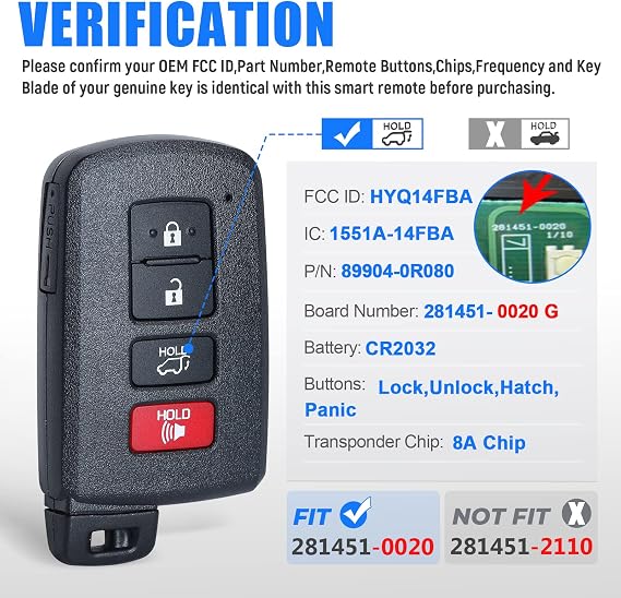 Keymall Keyless Entry Smart Prox Remote Key Fob Replacement for Toyota RAV4 2013 2014 2015 2016 2017 2018 4 Buttons 8A Chip 281451-0020 G Board FCC ID:HYQ14FBA PN:89904-0R080