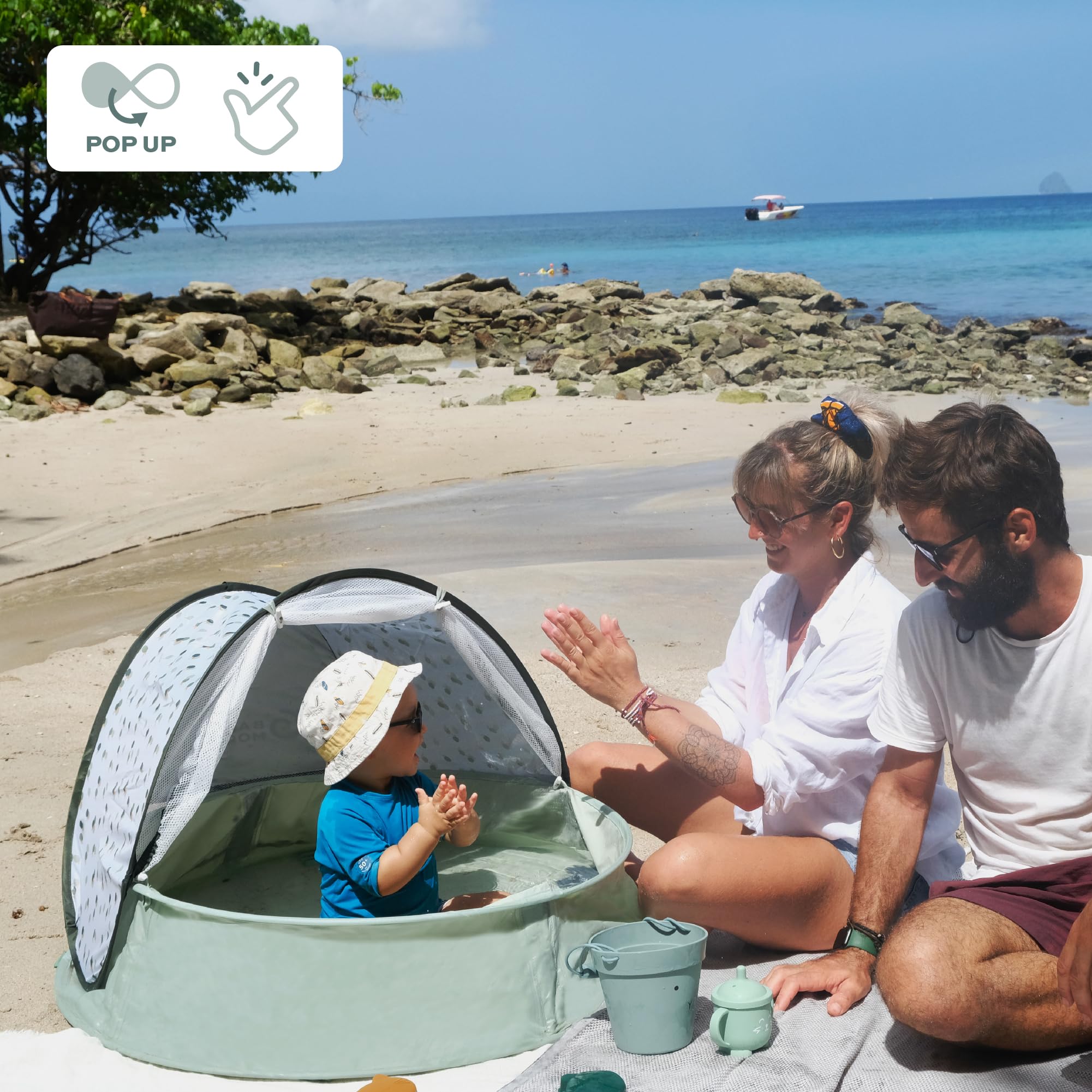 Babymoov Aquani Provence, 3 en 1 Aire de Jeux, Piscine et Tente Anti-UV FPS 50+ pour bébé, Moustiquaire et Auvent rabattables, Matelas d'éveil & Jouets Inclus, Dès la naissance