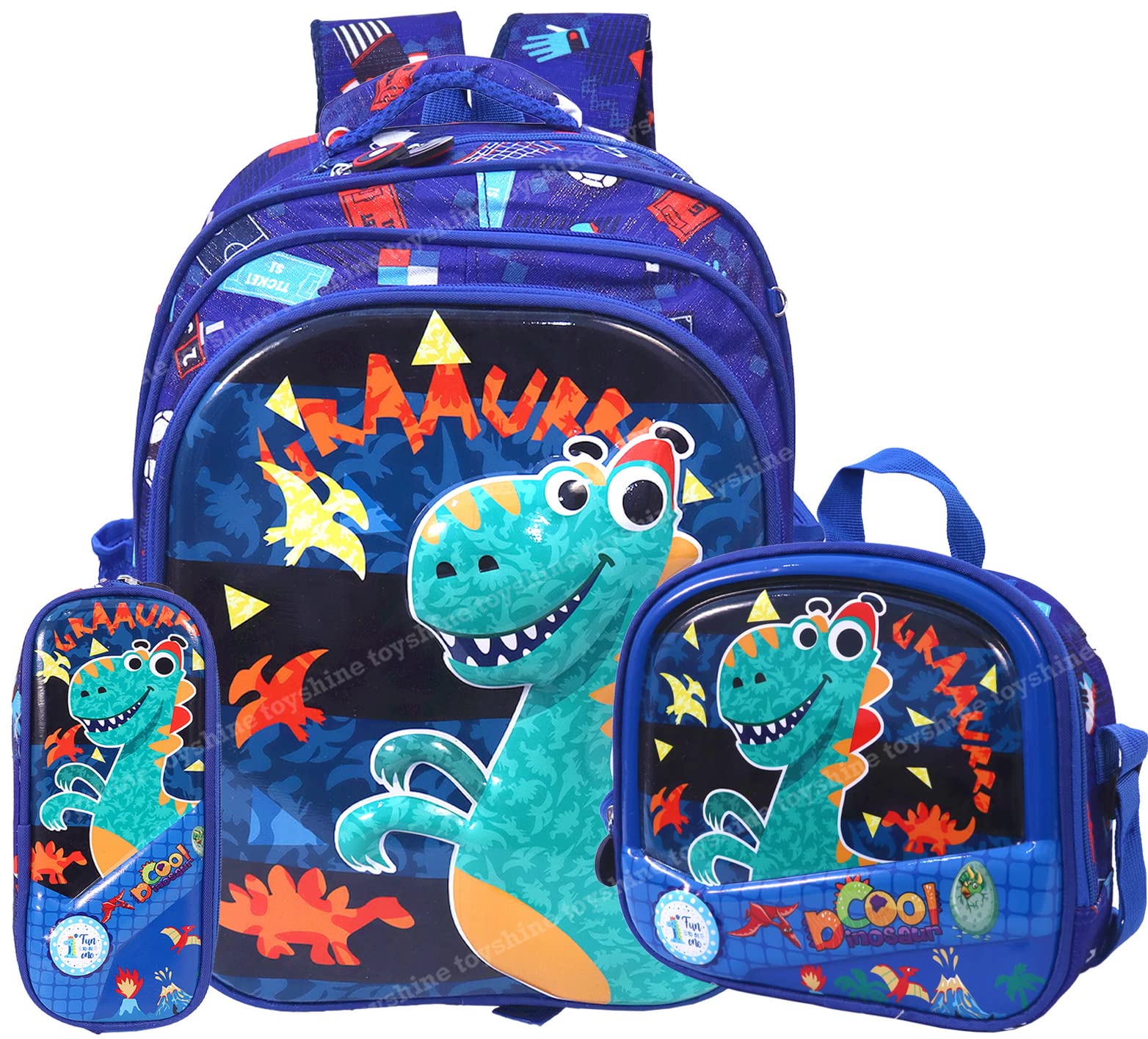 ToyshineKids Backpack 20 inches with Pencil Case and Lunch Box Bag School Backpack for Boys Girls Lightweight Toddler Schoolbag Preschool Elementary Leisure Bag- 3 Pc Set Dinosaur Multicolor