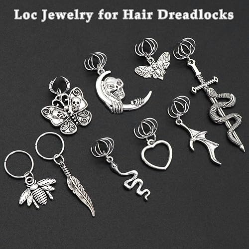 Miniatura 3 de SAWINDA 20 piezas de joyería de Halloween para el cabello, rastas, trenzas, dijes de serpiente plateada, joyería para el cabello, mariposa, cráneo,