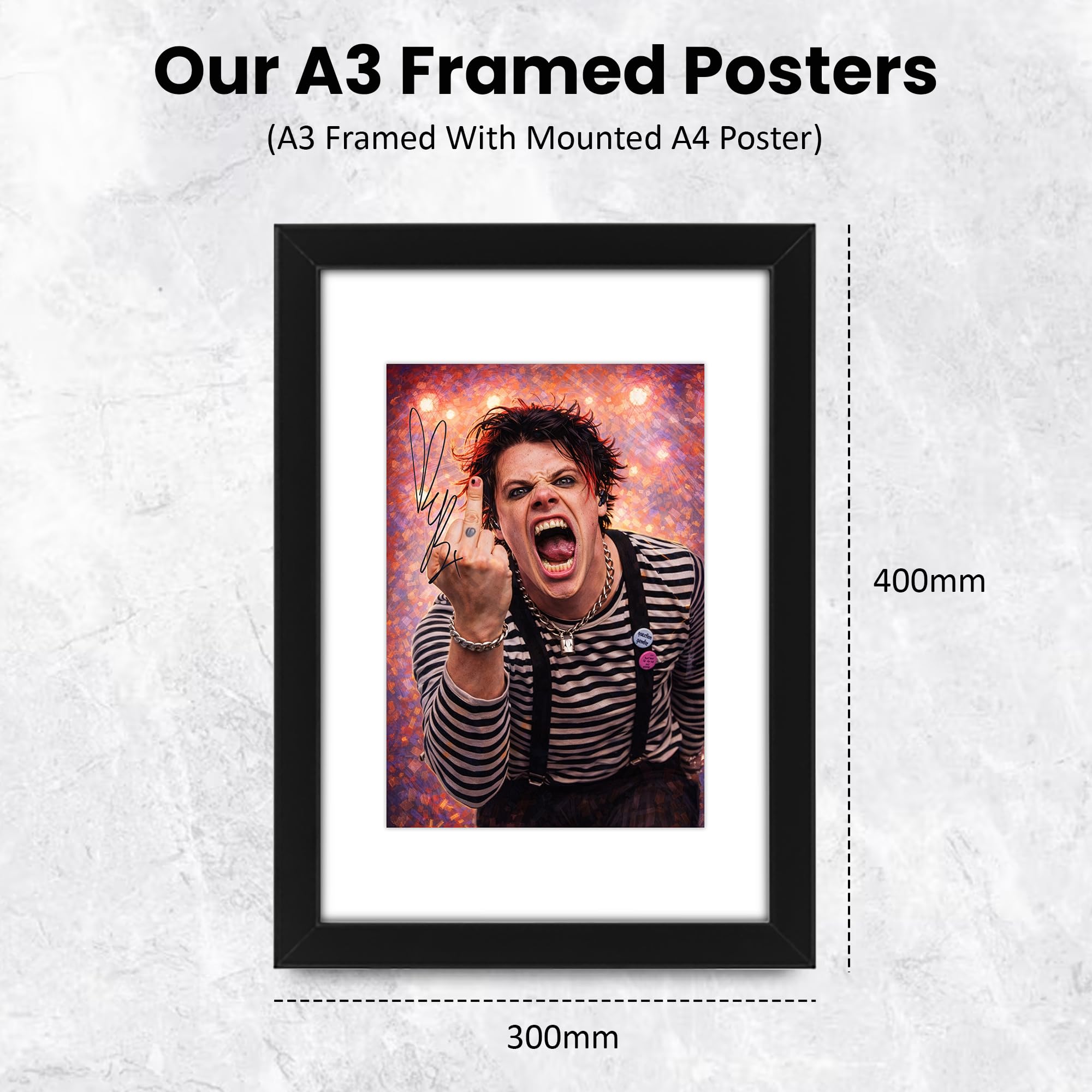 Yungblud Art - Poster con autografo, edizione limitata, idea regalo per fan, memorabilia da collezione, merchandising artistico da parete, motivo: Idols World Tour & Bludfest Tribute (A3 incorniciato