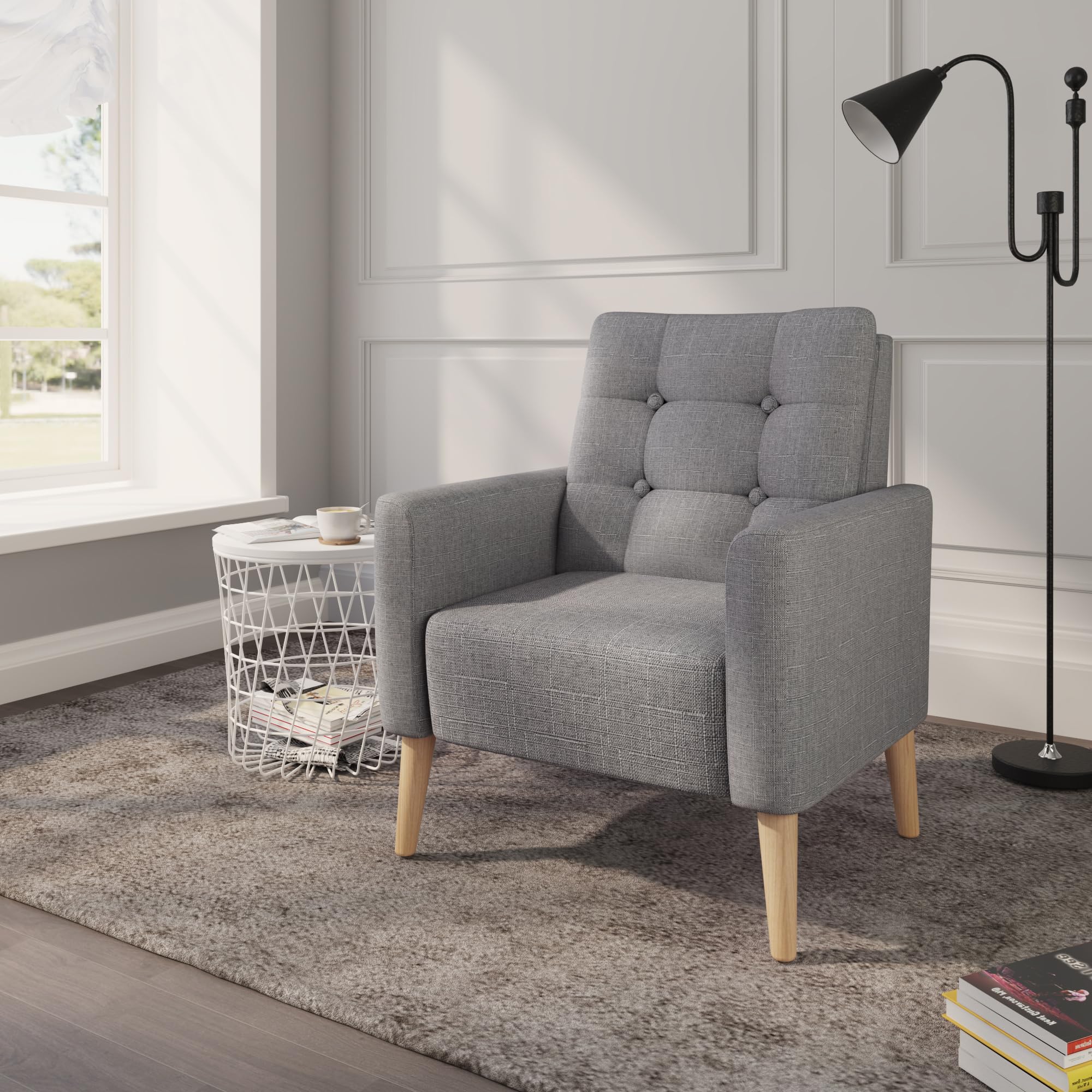 Mondeer Poltrona con braccioli, gambe in legno massiccio, moderna, semplice per camera da letto, soggiorno, balcone, ufficio, dimensioni: 72 x 72 x 81 cm, grigio