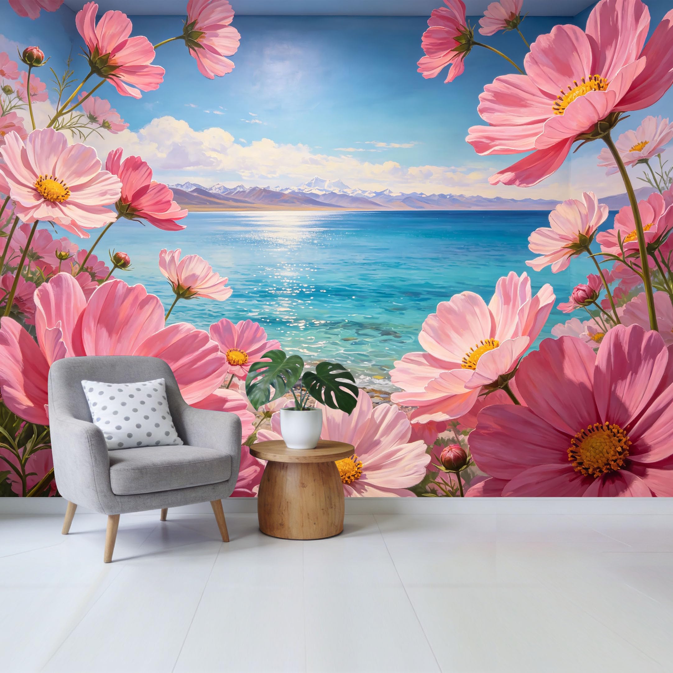 Qzlithotic Yq2605250528 Custom Size Wall Mural Pink Cosmos Flower Lake Mountain Landscape Watercolor Art Selfadhesive Wall Fabric Removable Wallpaper For Home Office Decor