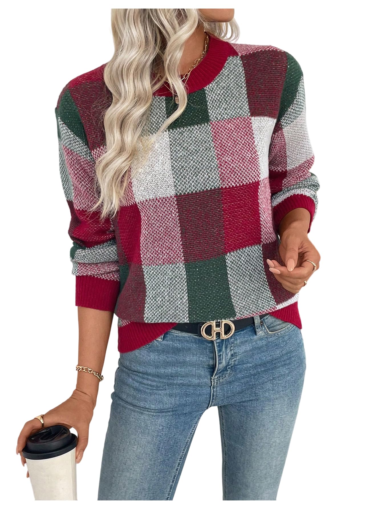 GORGLITTER Womens Argyle Checkered Sweater Plaid Long Sleeve Fall Knit Sweater Pullover Tops