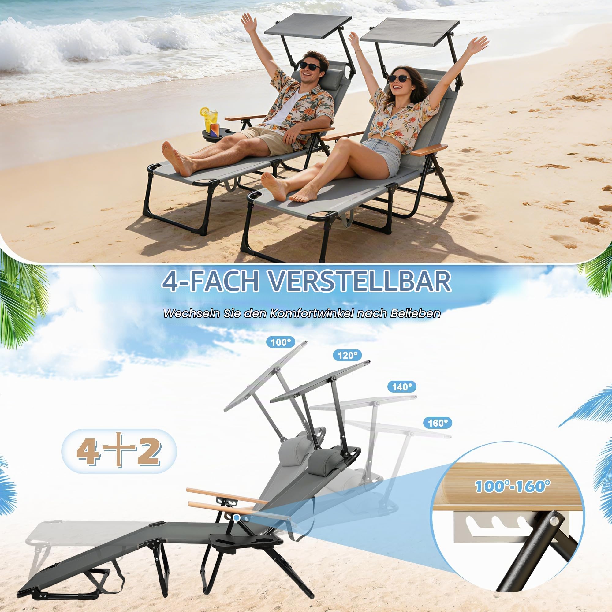 Sonnenliege klappbar mit Dach & 4-Fach Verstellbare Rückenlehne, Gartenliege mit Kopfkissen bis 150 kg, Tragbar Strandliege Liegestuhl, Campingliege für Pool, Strand (Grau mit Dach)