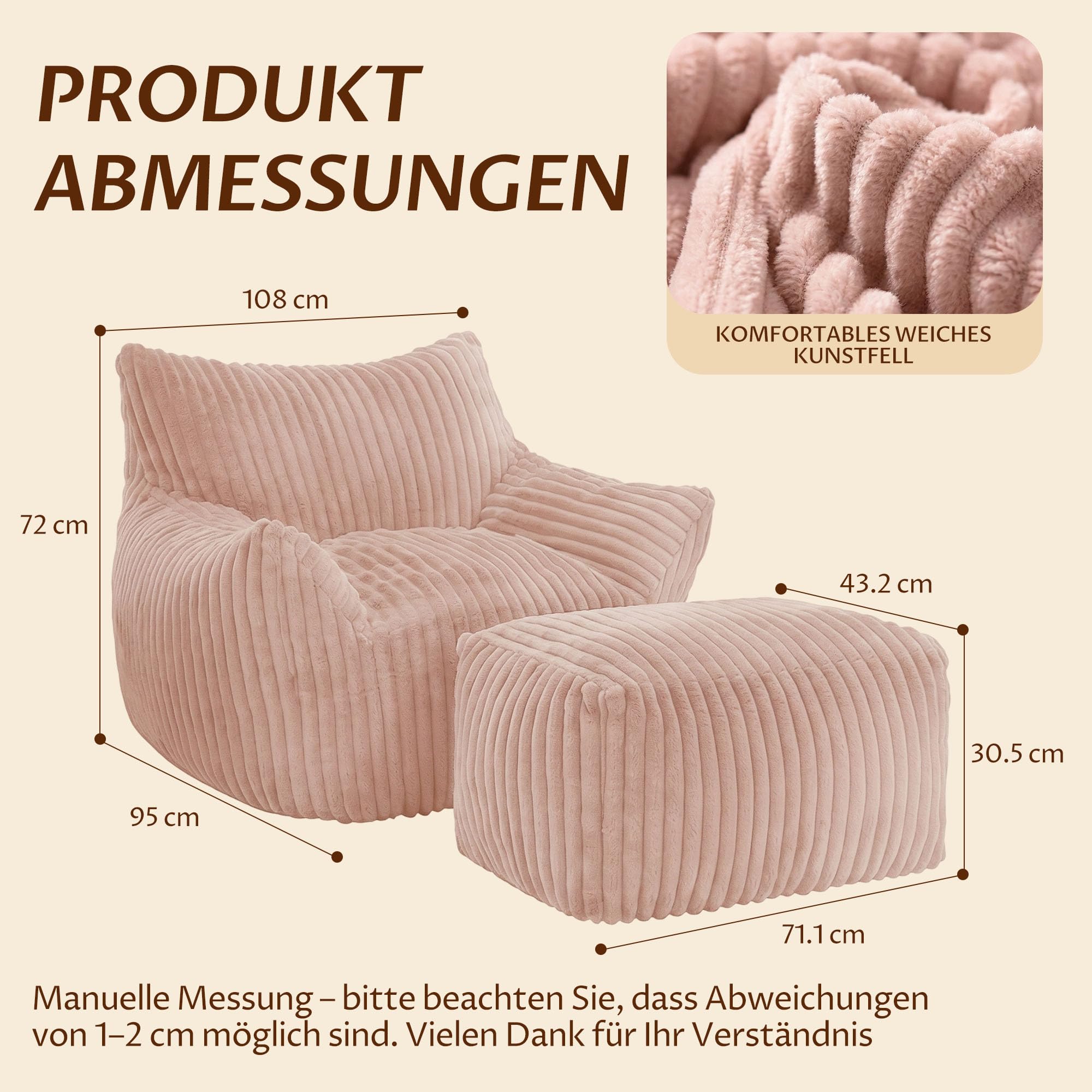 GRAVFORCE Schlafsofa mit Rückenlehne und Fußstütze, XXL Sitzsack Sessel mit Hocker für Erwachsene, Relaxsessel Lazy Sofa, Indoor-Sitzkissen für Schlafzimmer Wohnzimmer, Wintergarten (Rosa)