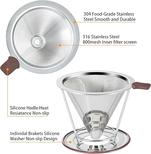 Miniatura 2 de Filtro de café sin papel de goteo lento para verter sobre café, doble malla de acero inoxidable para verter sobre cafetera para una sola taza,