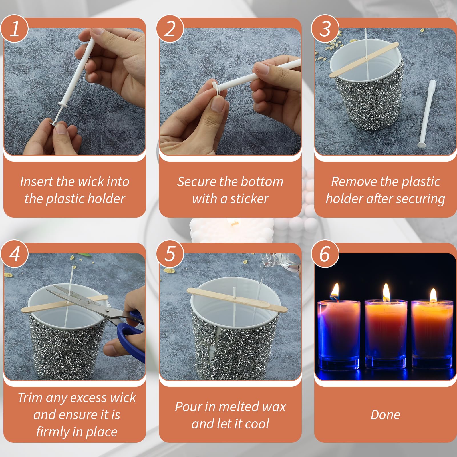Mechas para velas, 200 unidades, mechas para velas, 5 cm/10 cm/15 cm/20 cm, mechas naturales para velas con soporte para mecha de madera y adhesivo de doble cara, para fabricación de velas, incluye