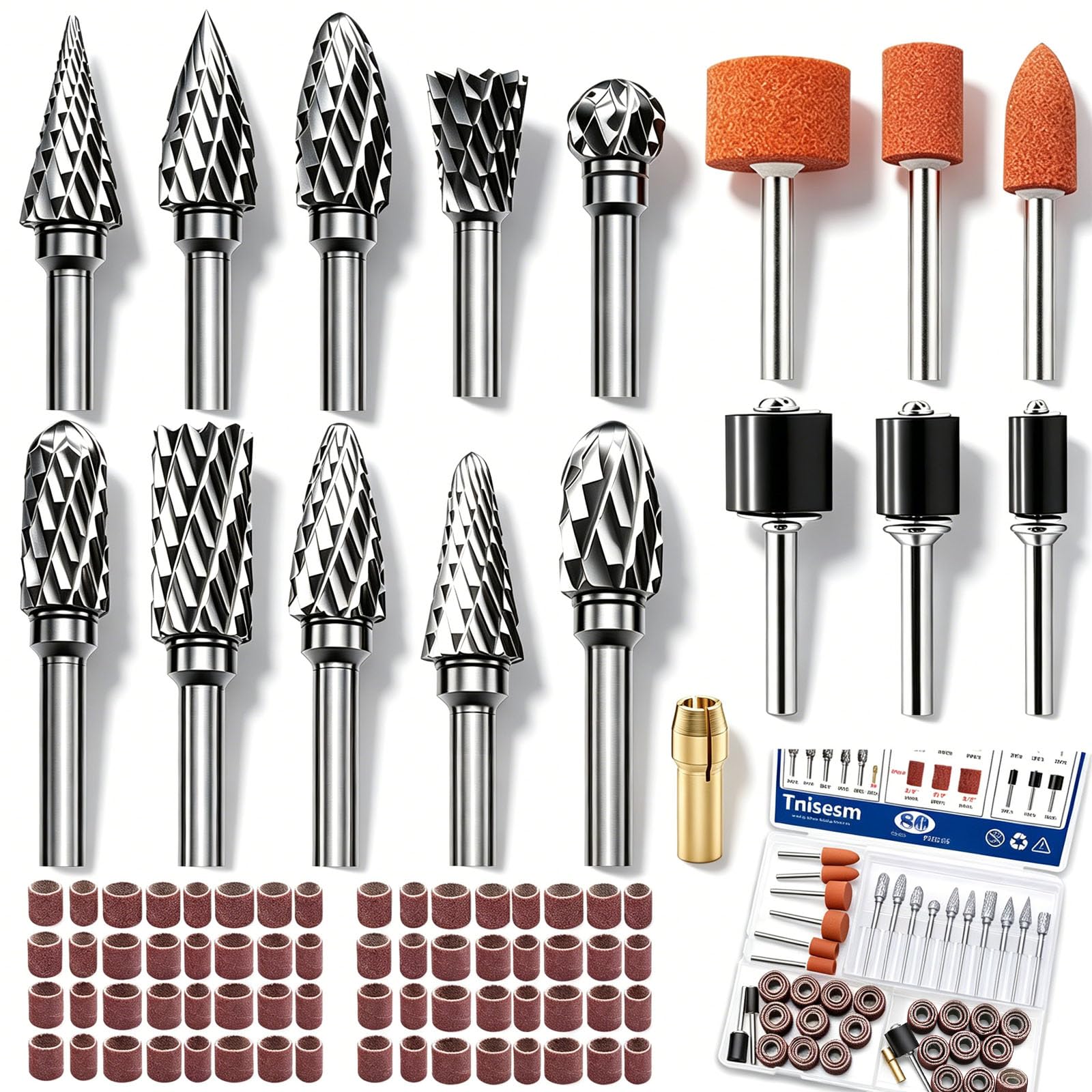 Tnisesm 80Pcs Carbide Rotary Burr Set for Dremel, Includes 10 Carbide Double Cut Carving Burr Bits 60 Aluminum Oxide Drum Sander Sanding Sleeves,6 Sanding Bits,Sanding Bits Tool Accessories