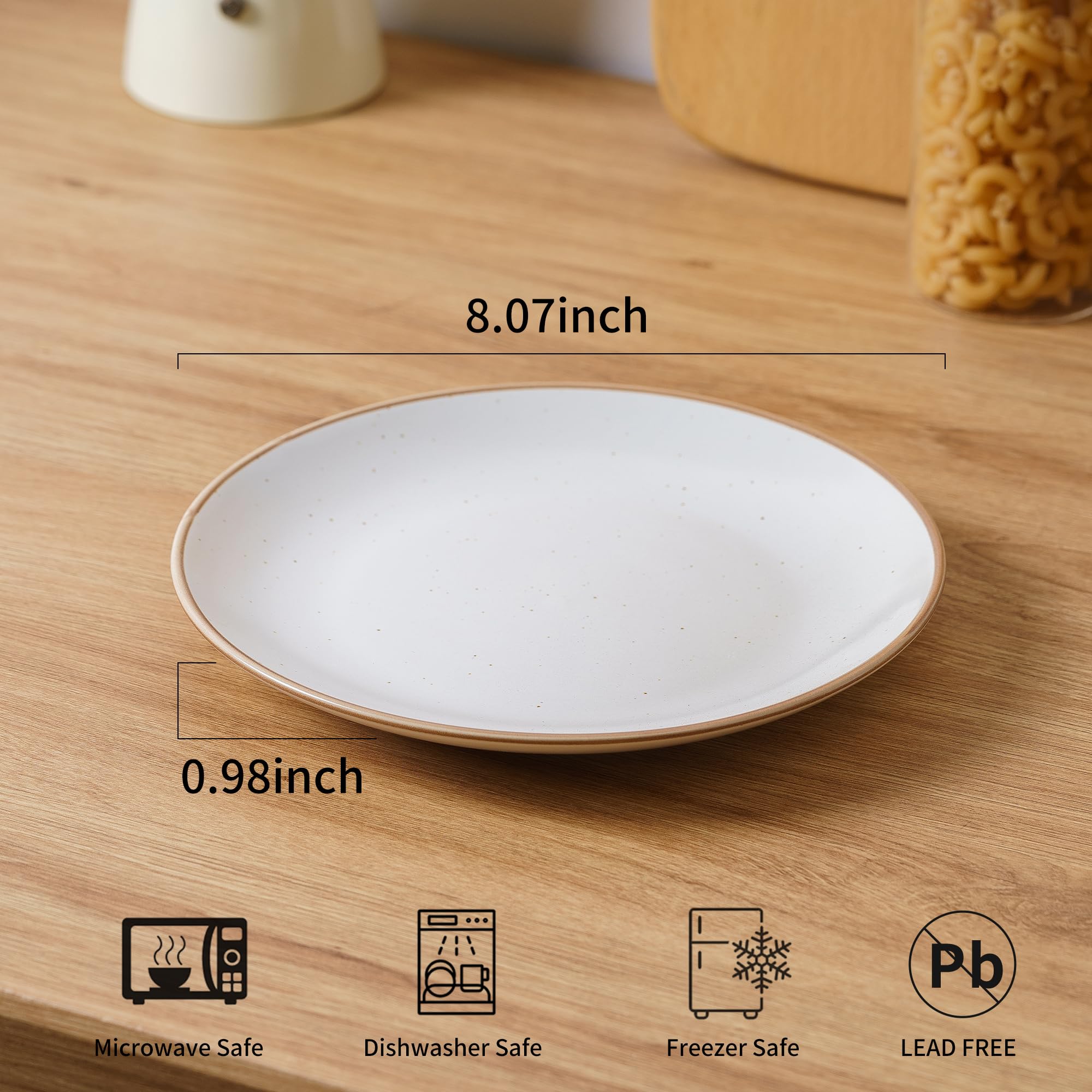 Juego de 6 platos de cerámica para servir de porcelana de 8 pulgadas, aptos para microondas, horno y lavavajillas, resistentes a los arañazos, blanco vainilla rústica, regalo de inauguración de la