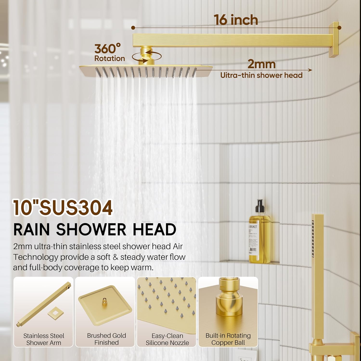 Gold Shower System, Shower Faucet Set with 10" Rain Showerhead and Handheld Combo Spray, Bathroom Wall Mounted High Pressure Shower Combo Set Included Valve and Trim, Brushed Gold
