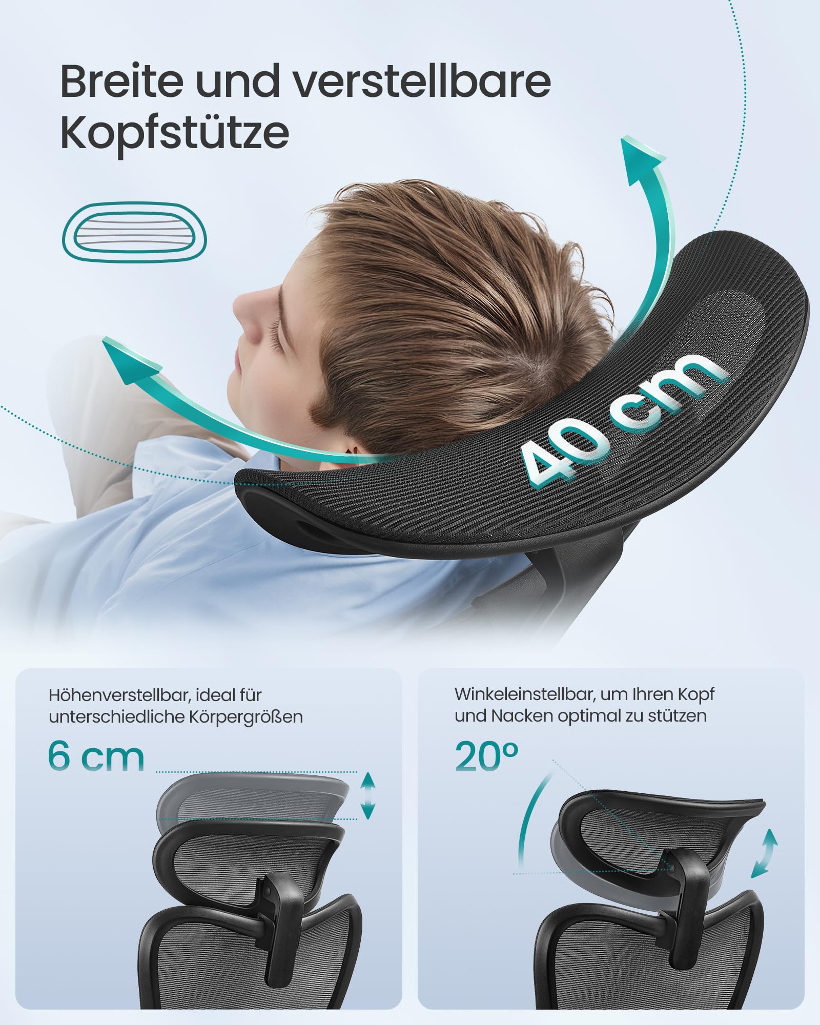 SONGMICS Bürostuhl ergonomisch, Schreibtischstuhl, Computerstuhl, verstellbare Lenden- und Kopfstütze, bis 150 kg belastbar, höhenverstellbar, tintenschwarz OBN066BH01