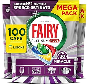 Fairy 30 Minutes Miracle Detergent Dishwasher Tablets, 100 Capsules, Lemon, Our No.1 Against Stubborn Dirt, Powerful Even In Short Cycles, MEGA Pack