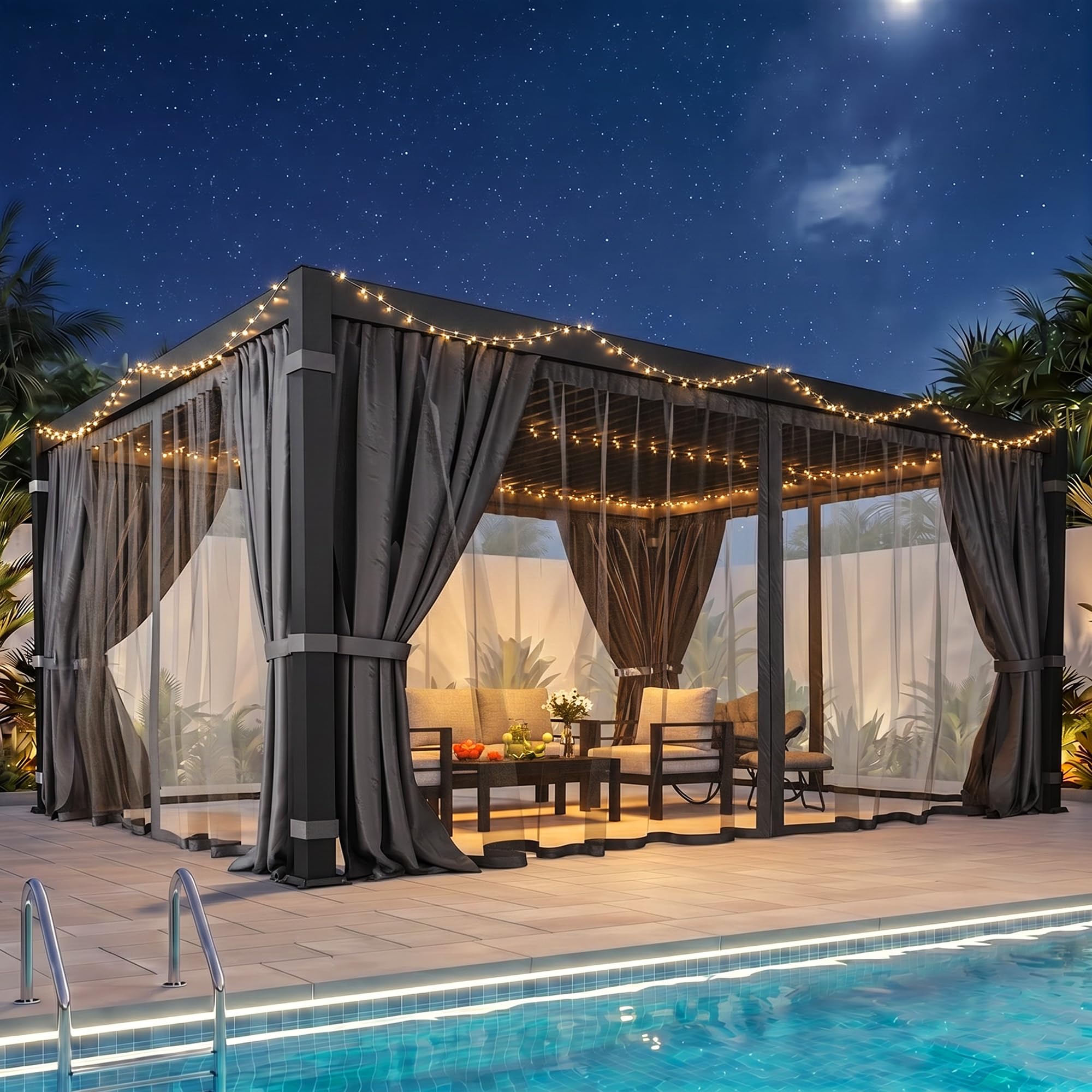 Photo 1 of 12' x 16' Louvered Pergola, Outdoor Pergola with Curtains & Netting, Metal Patio Pergola with Adjustable Louvers Roof and Gutter System, Metal Hardtop Gazebo for Patio, Deck, Garden, Yard, Dark Gray