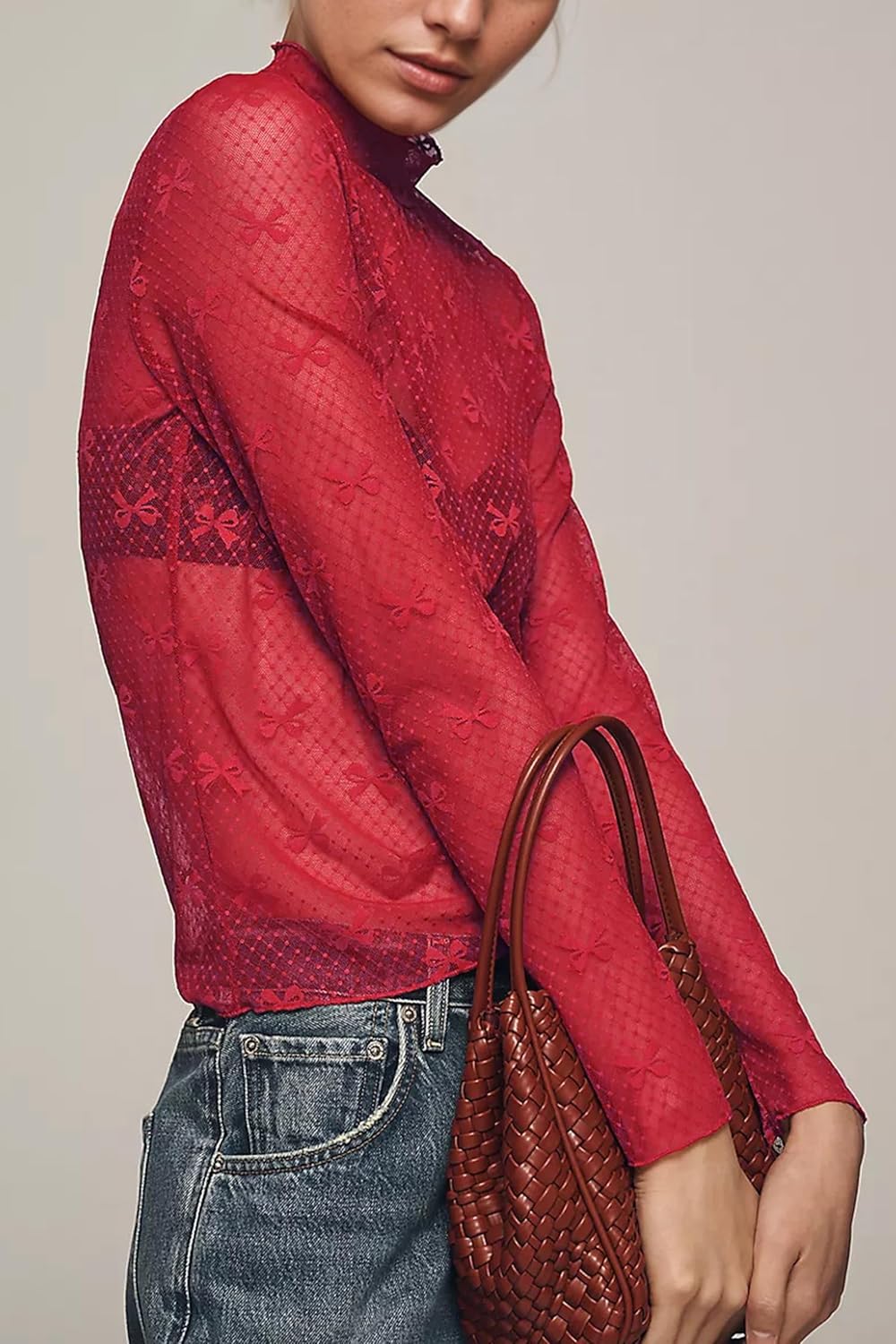 Seyumixi Womens Bow Mesh Long Sleeve Top Blouse Sexy See Through Mock Neck Shirt Polka Dot Print Lace Layering Tops - Image 3