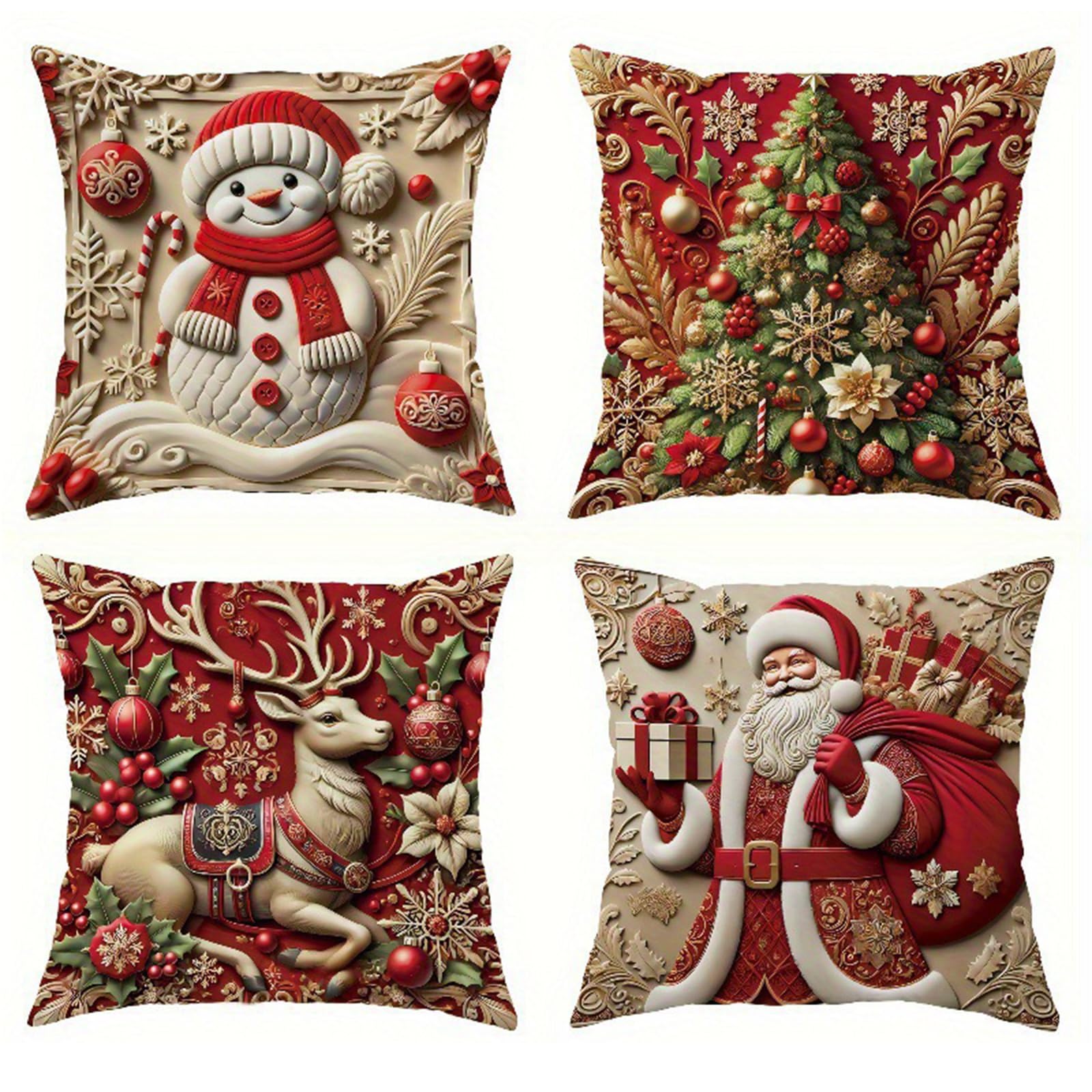 4 Pack Reindeer Snowman Xmas Trees Santa Throw Pillow Covers for Home (18inch)