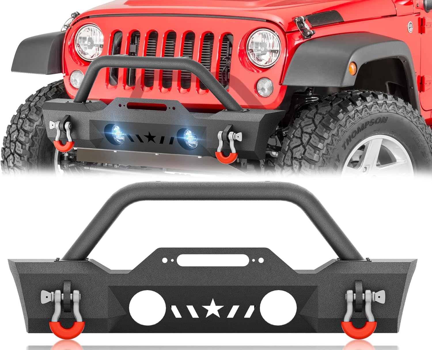 YZONA for Gladiator JT & Wrangler JL JK Stubby Front Bumper Compatible with 2007-2026 Jeep Wrangler JK JKU JL JLU Unlimited & Gladiator JT with Winch Plate, Bull Bar, OE Fog Light Holes, D-rings