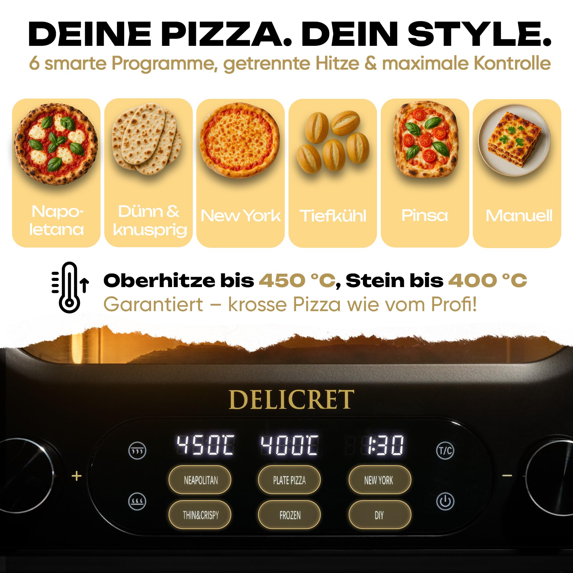 DELICRET elektrischer Pizzaofen 12" - bis zu 450℃ - 1700 Watt - Backraumtemperatur und Steintemperatur getrennt einstellbar