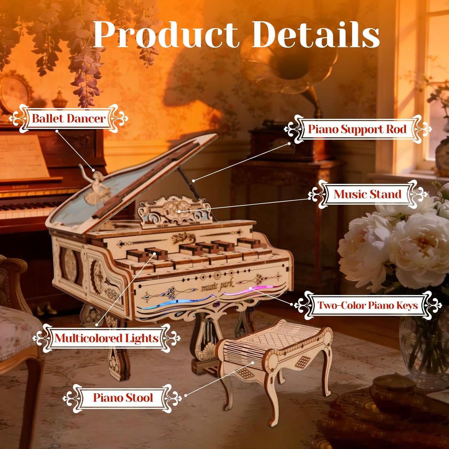 Music Park 3D Wooden Puzzles Model Kits for Adults to Build Piano Music Box Can Be Paly with Lights Gifts for Christmas