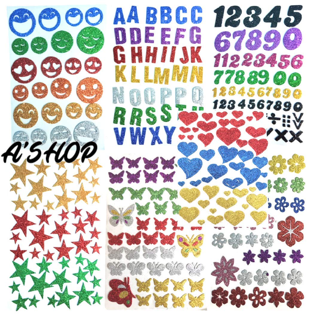 Glitter Foam Self Adhesive Alphabets; Butterflies; Stars; Numeric; Hearts; Flowers & Smiley Mix Stickers for Art and Craft (Multicolour; Medium) -Set of 7 Sheets
