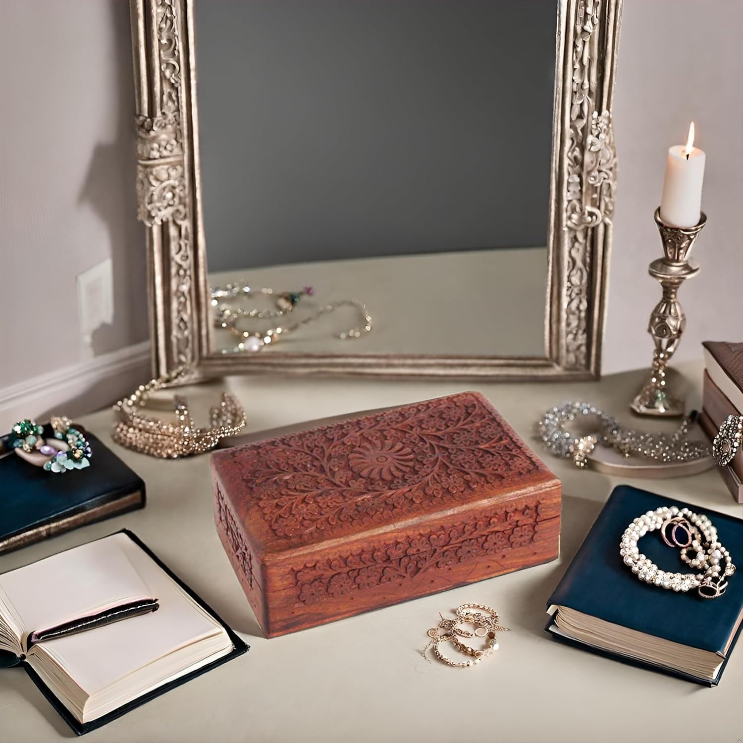 Jewellery Box for Women Wooden Jewel Organizer Hand Carved Jewellery box, Wooden Jewelry Organizer box, Vanity Jewelry Boxes for Women, Handmade wood box (8 x 5 Inch)