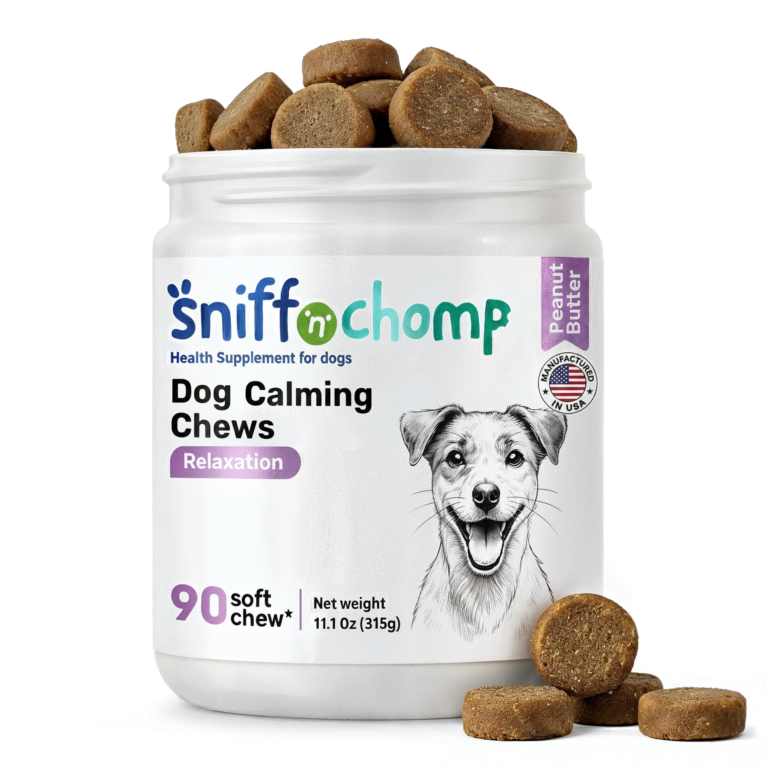SNIFF 'N' CHOMP Dog Calming Chews, Peanut Butter Flavor, Natural Anxiety Relief with L-Theanine Chamomile Valerian Melatonin, Stress Support for All