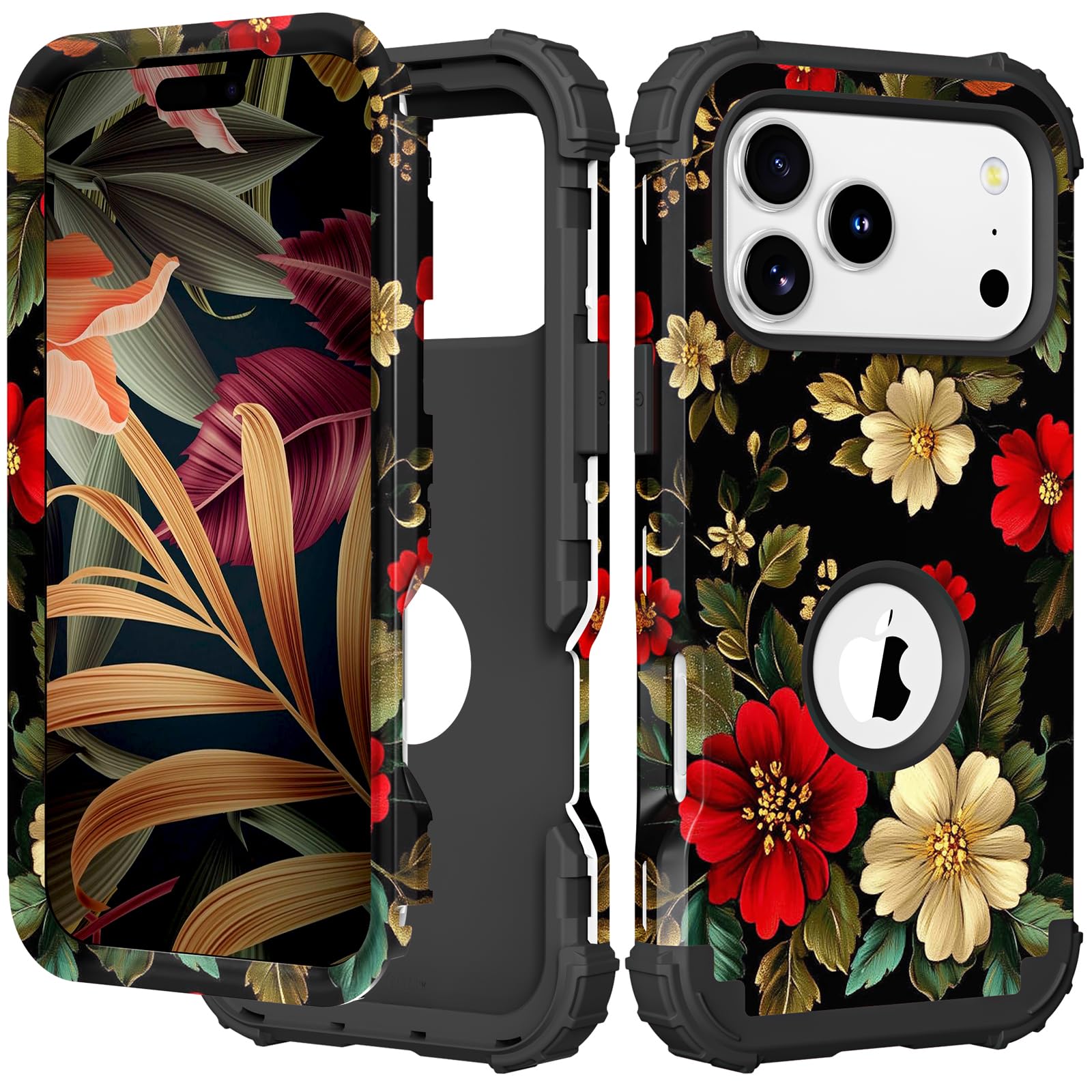 PIXIU Unique Flower Pattern Compatible with iPhone 17 Pro Max 6.9 inch case,Heavy Duty Dual Layer Shockproof Full-Body Protective Sturdy Hybrid Cute Rugged Case for Women,Girls,Kids-Black Peonies