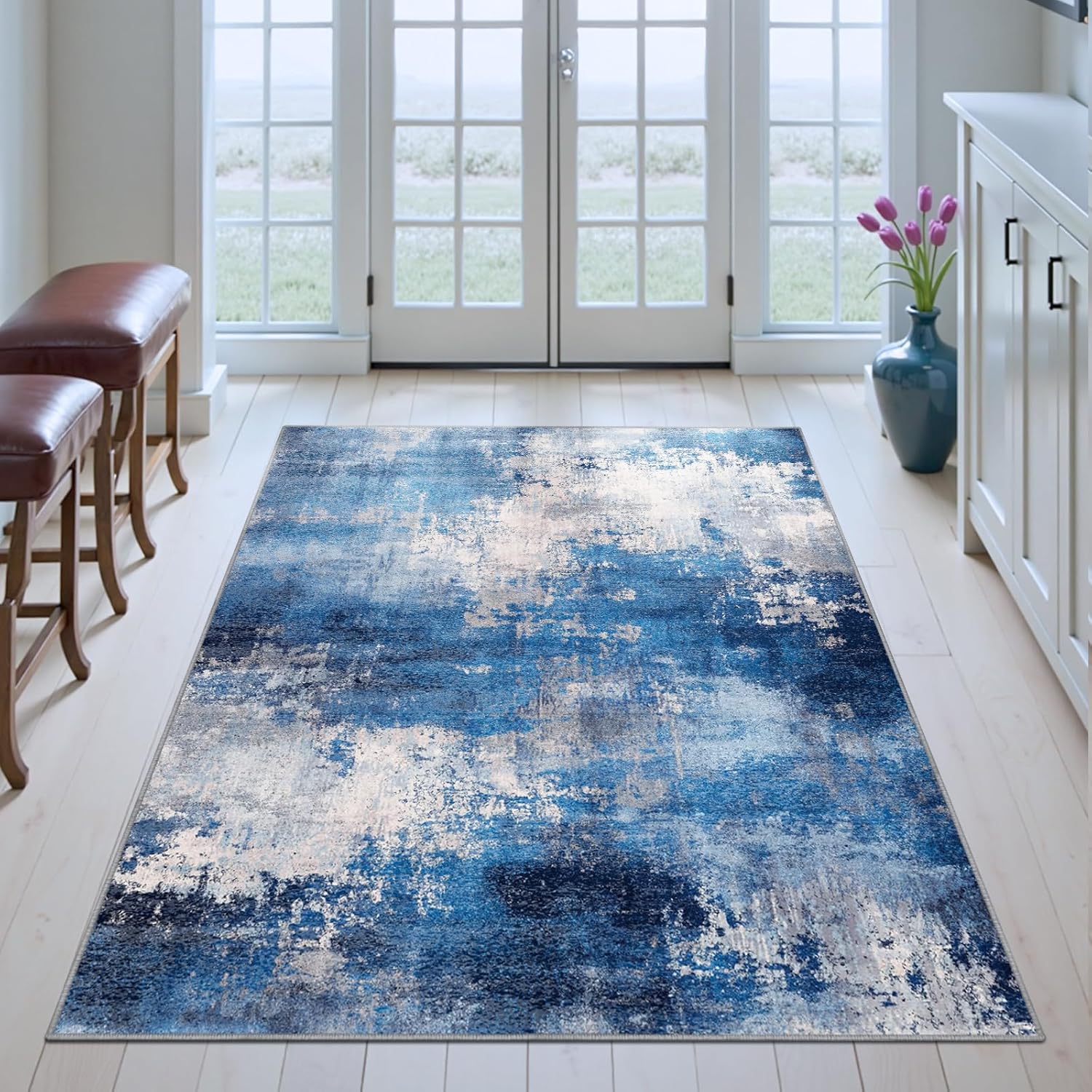 modern abstract 3x5 area rug, non-slip washable carpet for living, bedroom & dining room, soft faux wool rugs for hardwood floors, blue