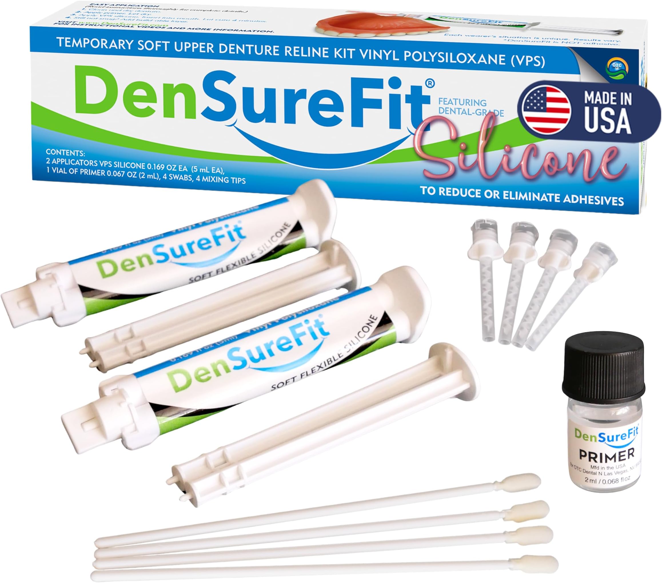 DenSureFit Denture Reline Kit for Upper Denture, 3-6 Month Soft Silicone Dentures Repair Set to Refit and Tighten, Easy to Use Reline Set with Larger Primer and Applicators for Comfortable Fit