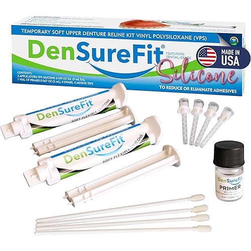 DenSureFit Denture Reline Kit for Upper Denture, 3-6 Month Soft Silicone Dentures Repair Set to Refit and Tighten, Easy to Use Reline Set with Larger Primer and Applicators for Comfortable Fit
