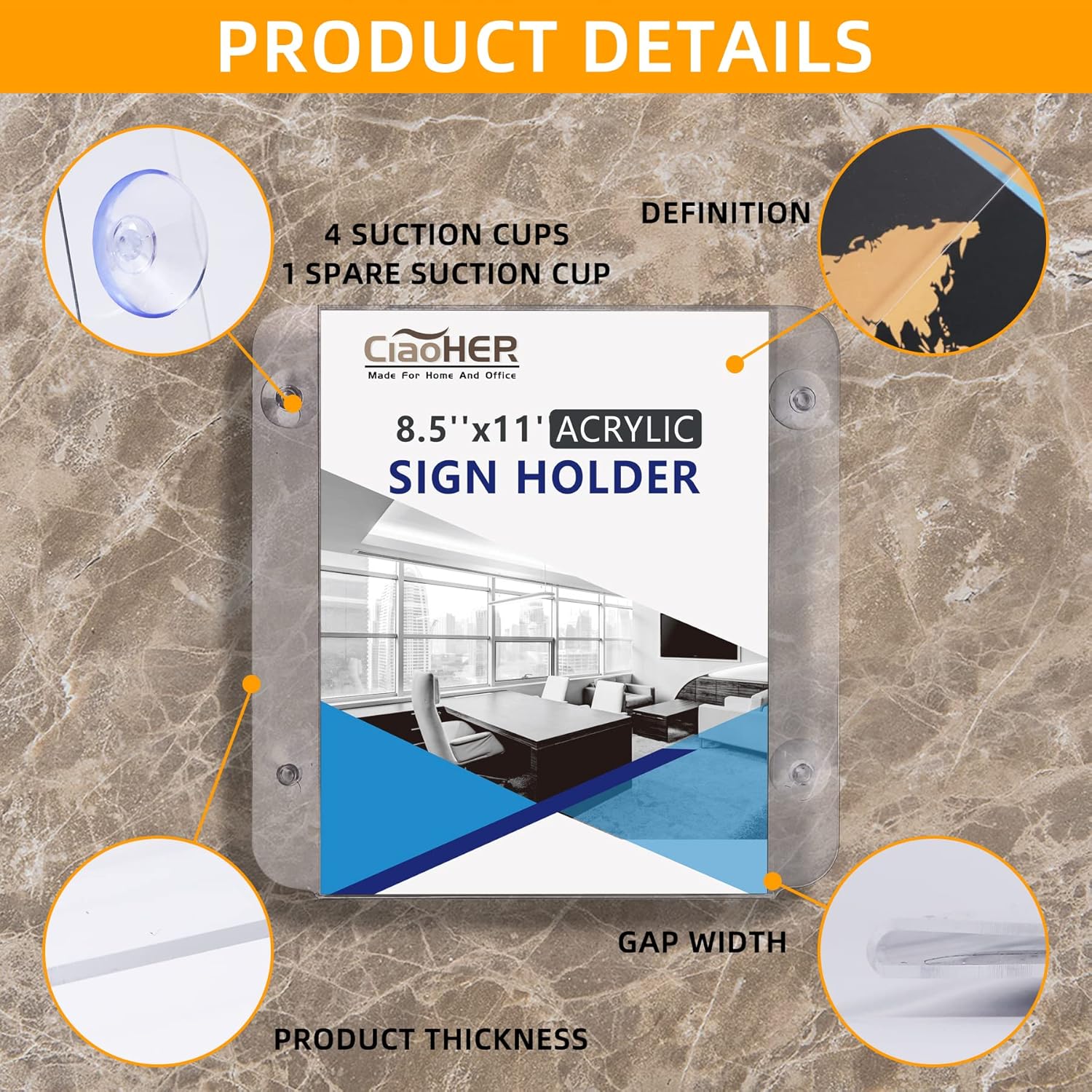 CiaoHER Acrylic Sign Holder 8.5 x 11, Clear Acrylic Frames Glass Window Wall Mount Advertising Signage Sign Holder with 4 Suction Cups for Mall, Office, Home, Restaurant, Vertical （4 Pack）