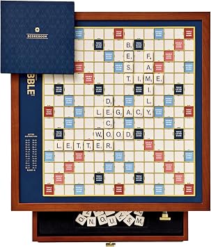 WS Game Company Scrabble Legacy Edition Board Game with Rotating Cherry Wood Cabinet, Raised Letter Tile Grid, Integrated Storage Drawer, Cast Resin Letter Tiles, Deluxe Crossword Board Game, Ages 8+